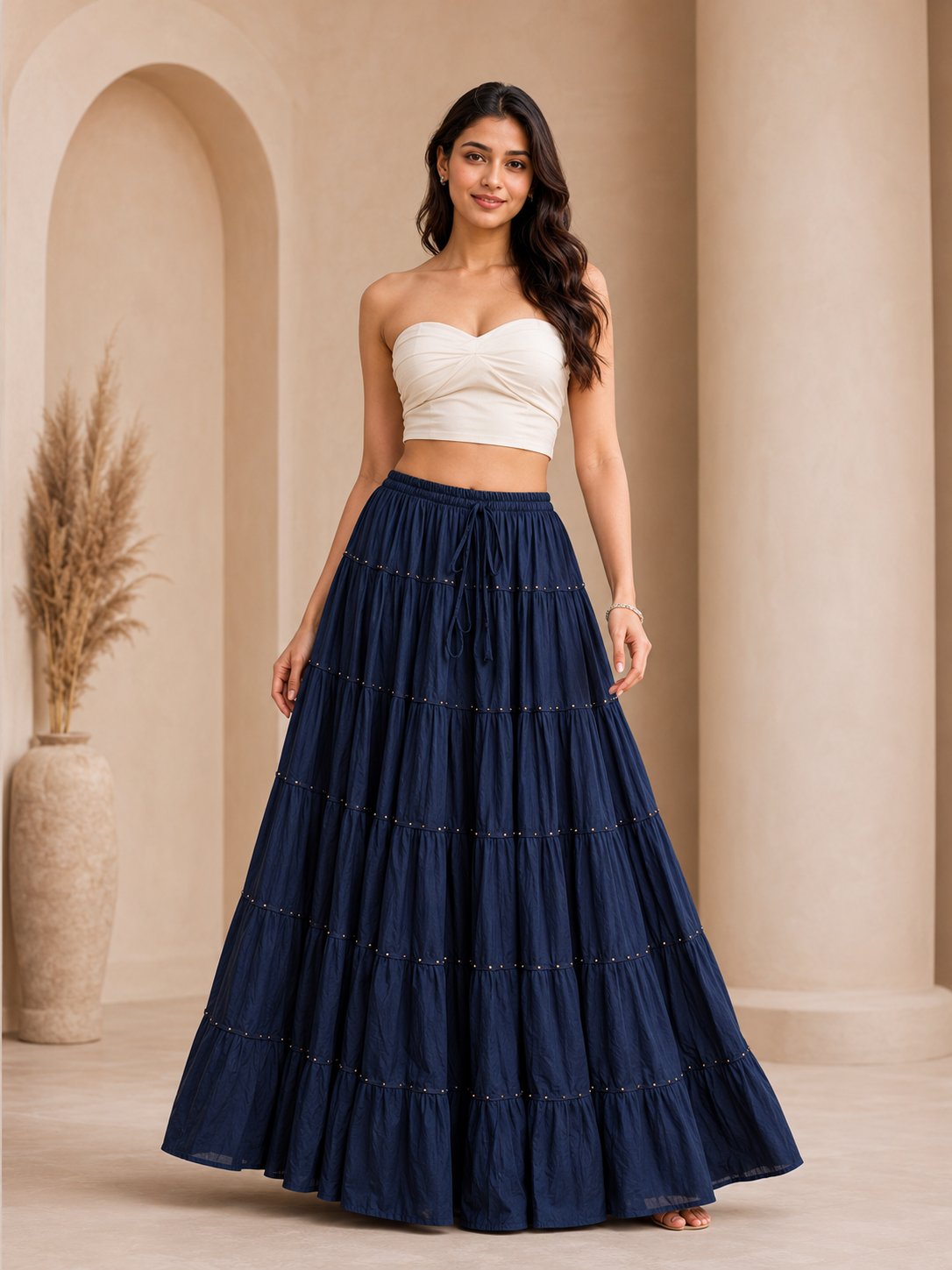 Navy Blue Gold Beads Cotton Skirt