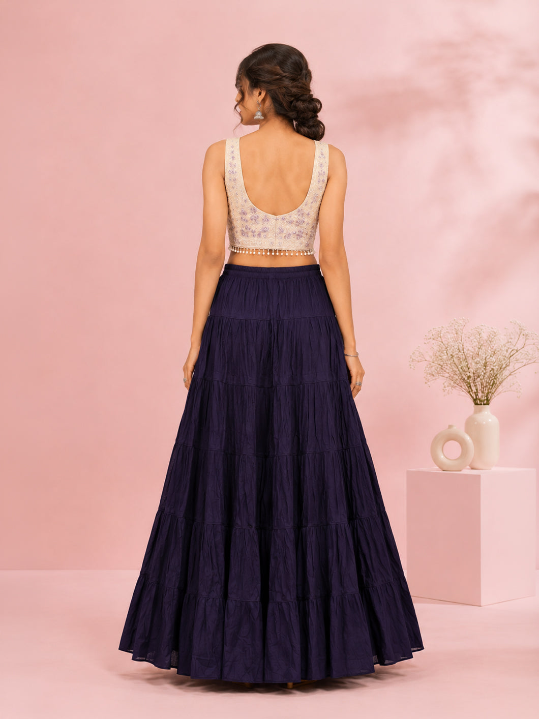 Navy Cotton Solid Silver Sequin 10mtr Skirt