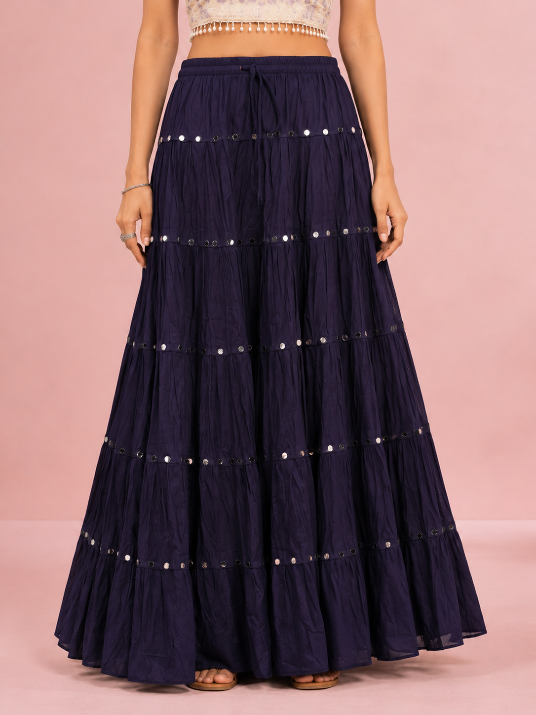 Navy Cotton Solid Silver Sequin 10mtr Skirt