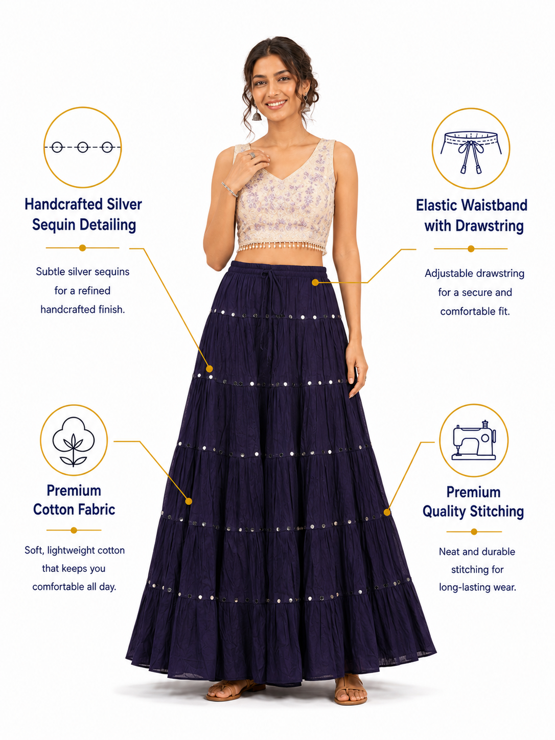 Navy Cotton Solid Silver Sequin 10mtr Skirt