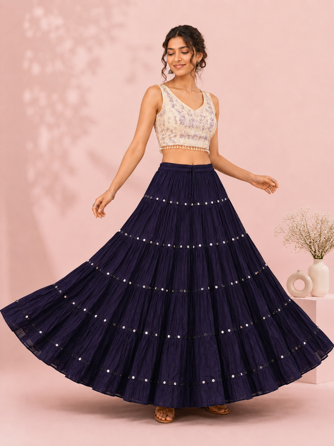 Navy Cotton Solid Silver Sequin 10mtr Skirt