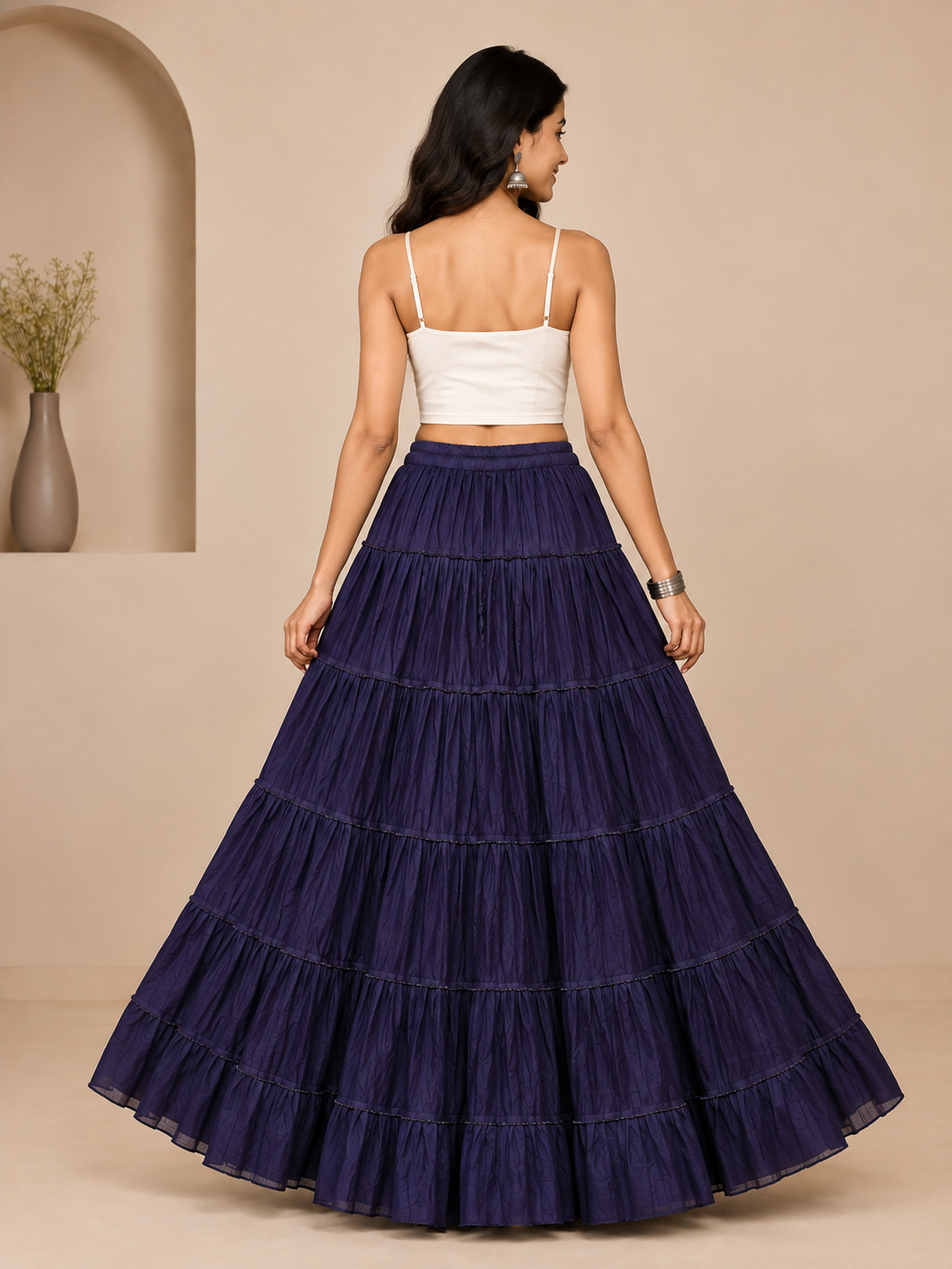 Navy Cotton Solid Flared Skirt