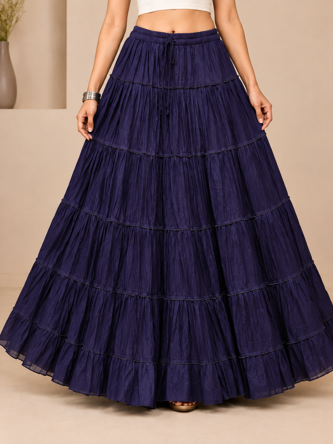Navy Cotton Solid Flared Skirt