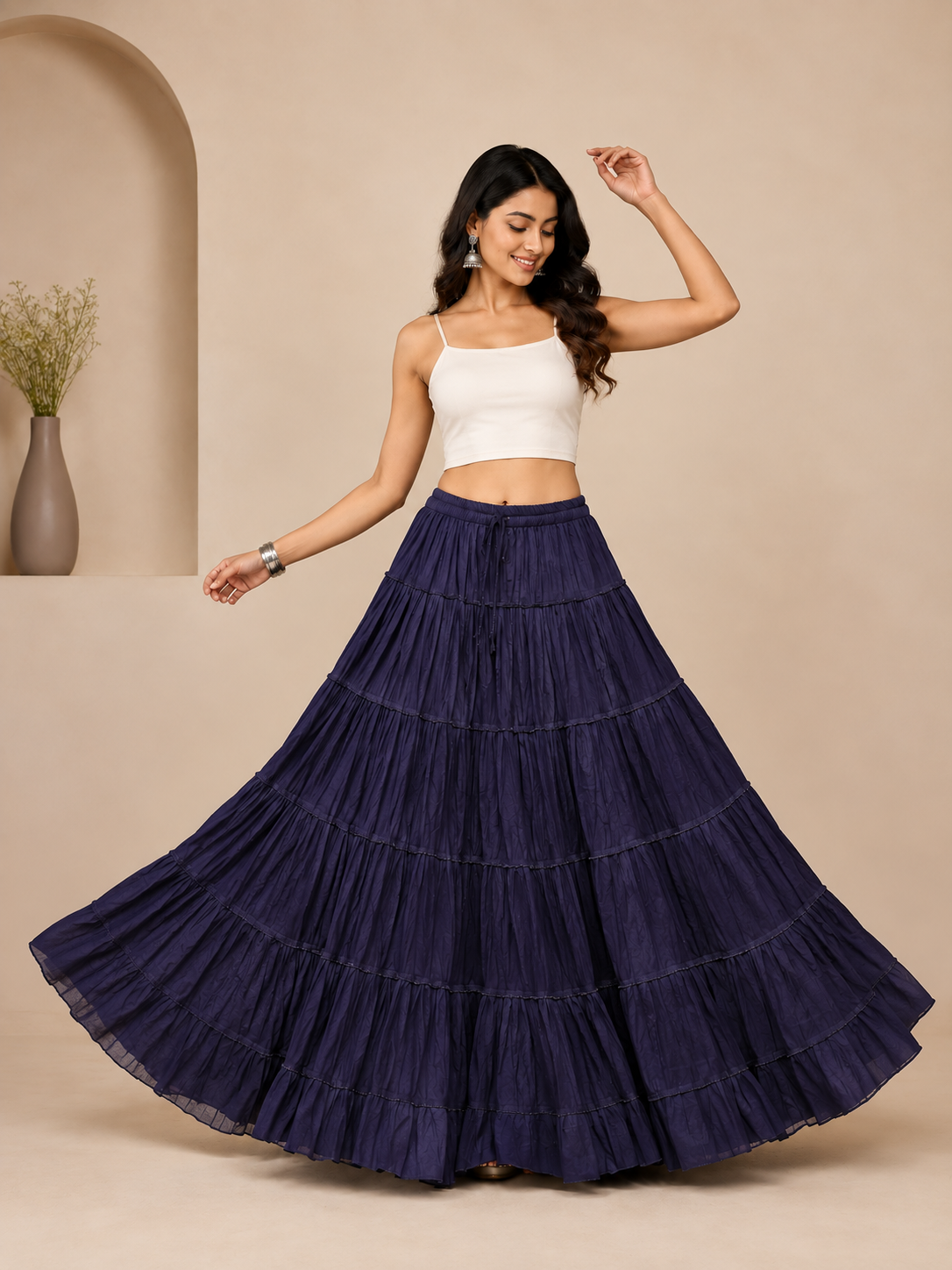 Navy Cotton Solid Flared Skirt