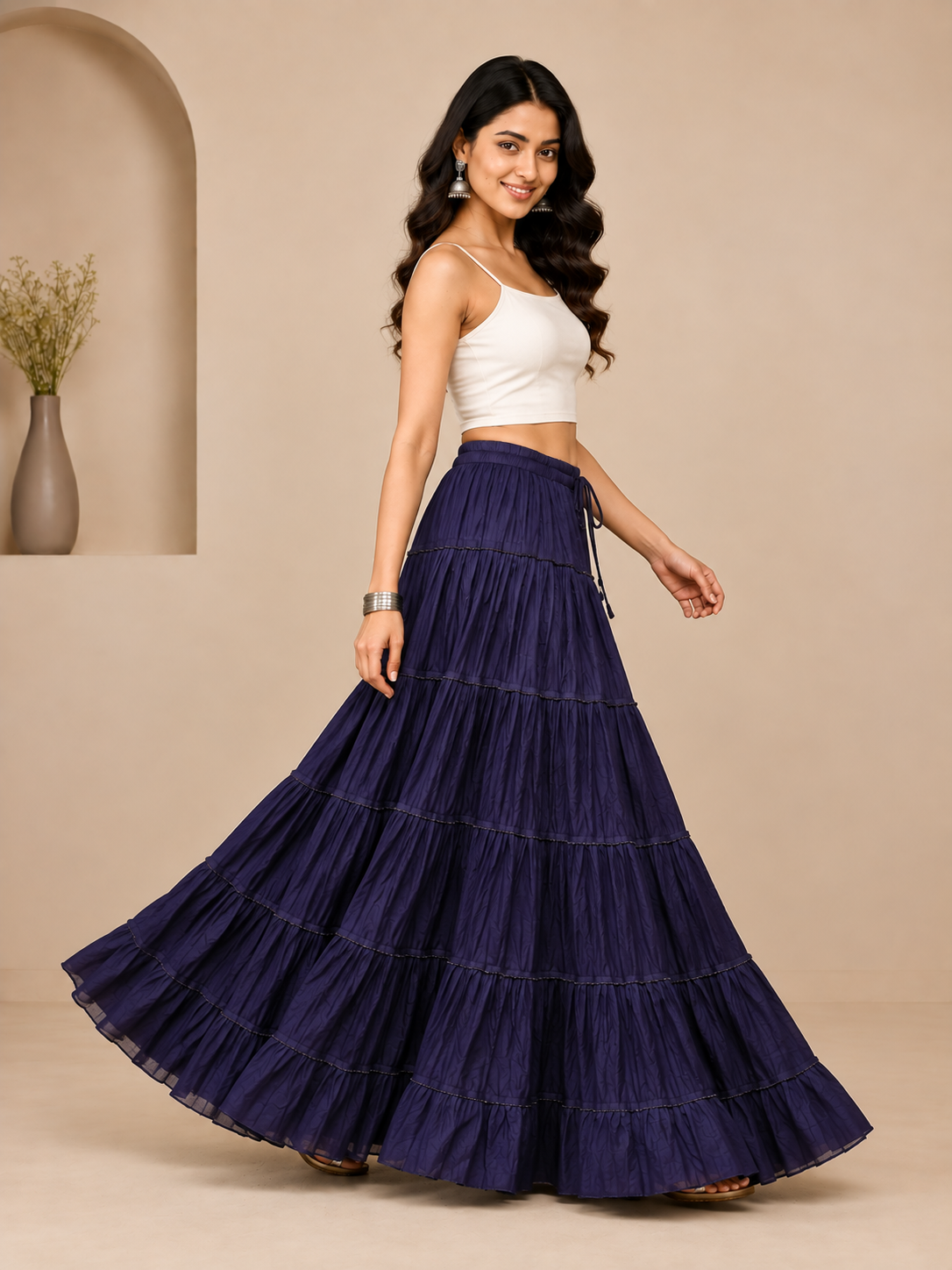 Navy Cotton Solid Flared Skirt