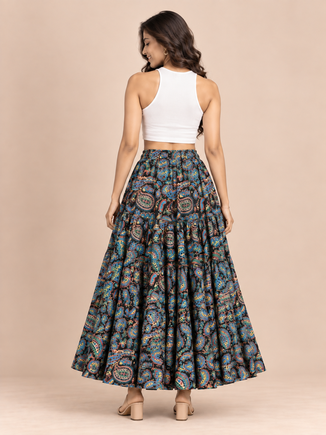 Navy Kalamkari Print Cotton Skirt