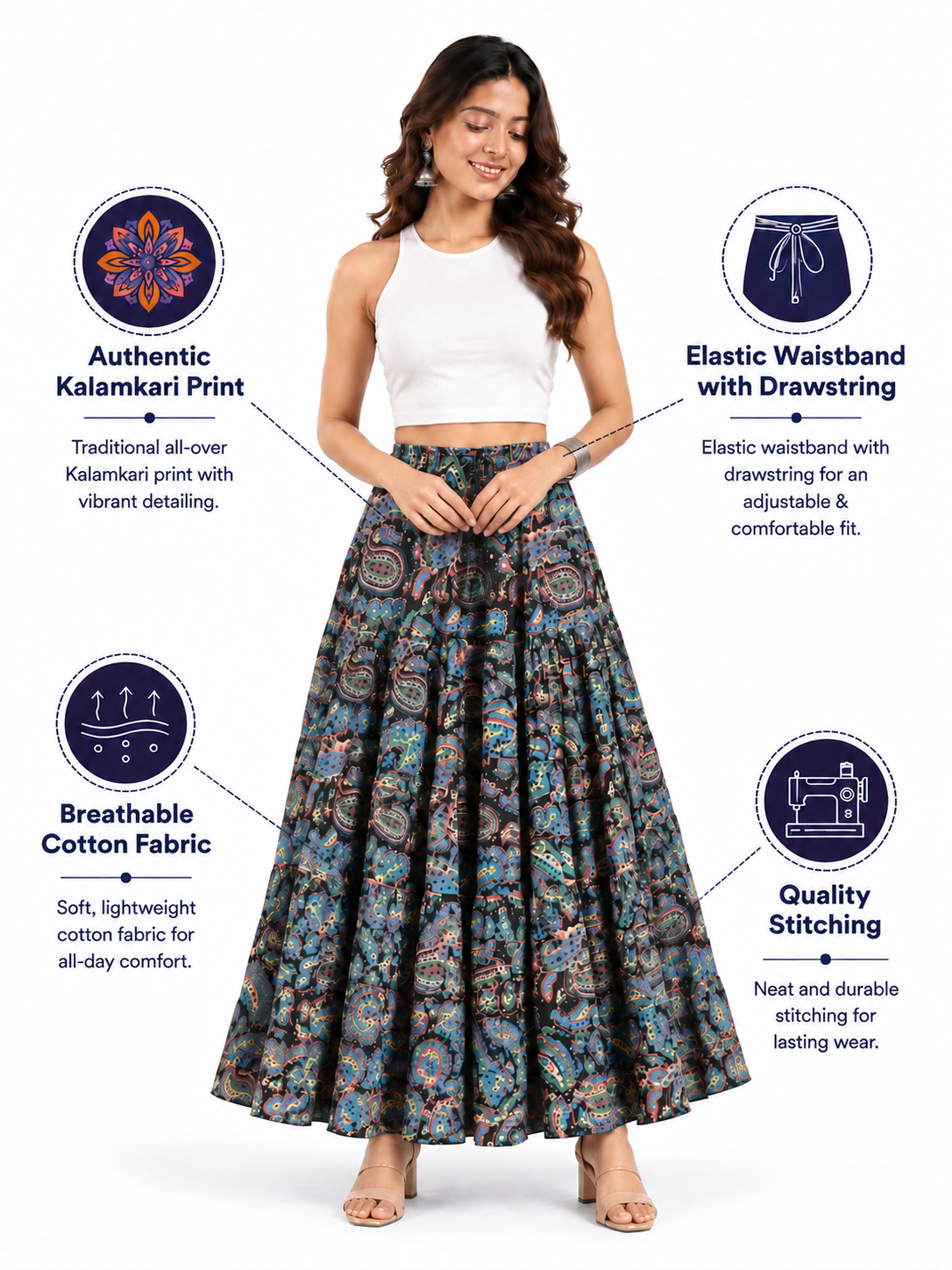 Navy Kalamkari Print Cotton Skirt