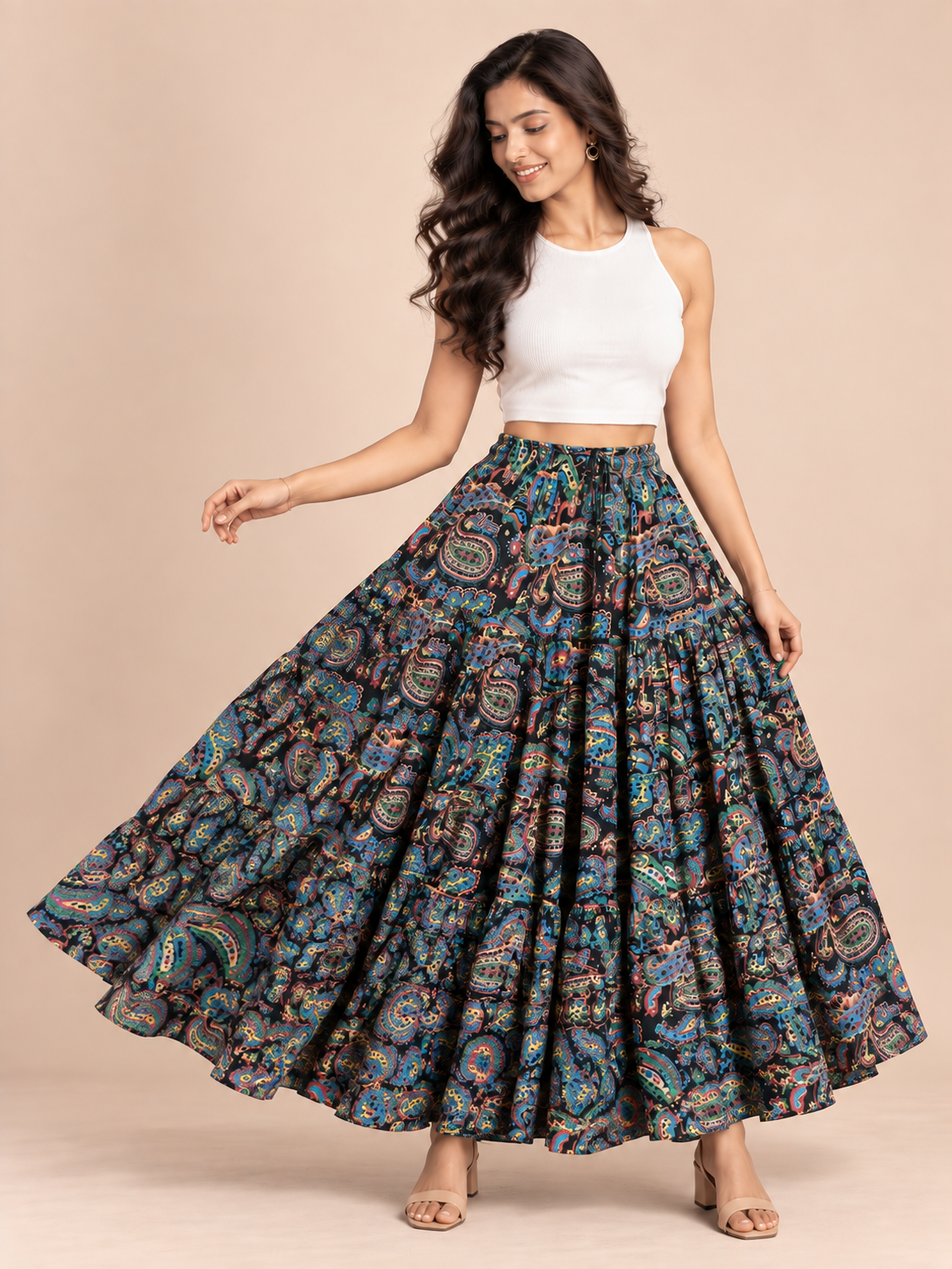 Navy Kalamkari Print Cotton Skirt