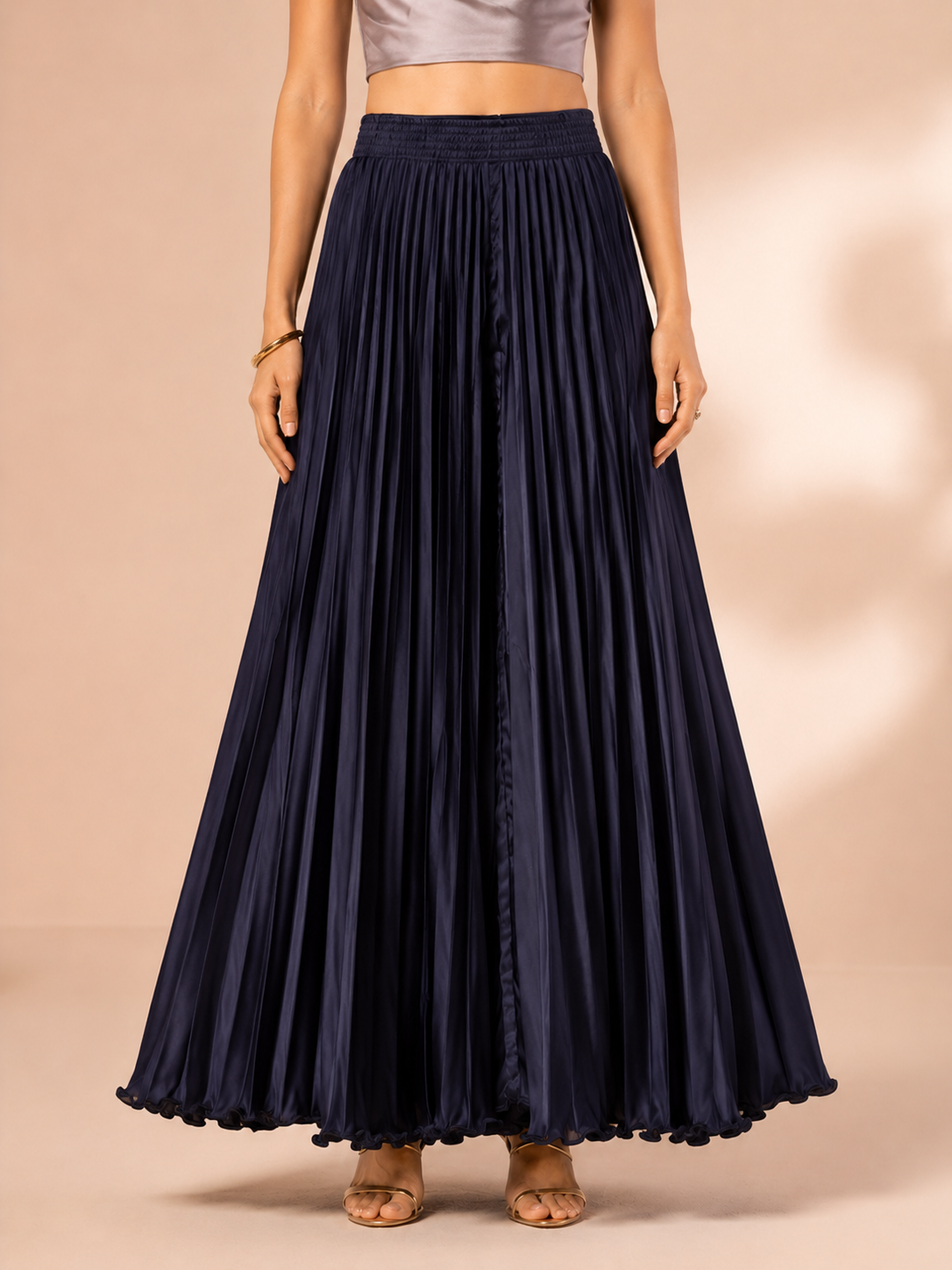 Navy Satin Silk Small Pleated Skirt