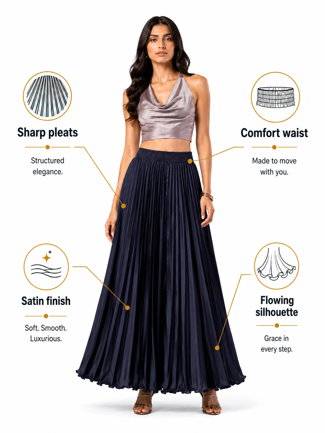 Navy Satin Silk Small Pleated Skirt