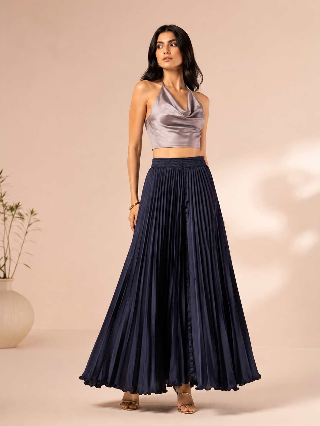 Navy Satin Silk Small Pleated Skirt
