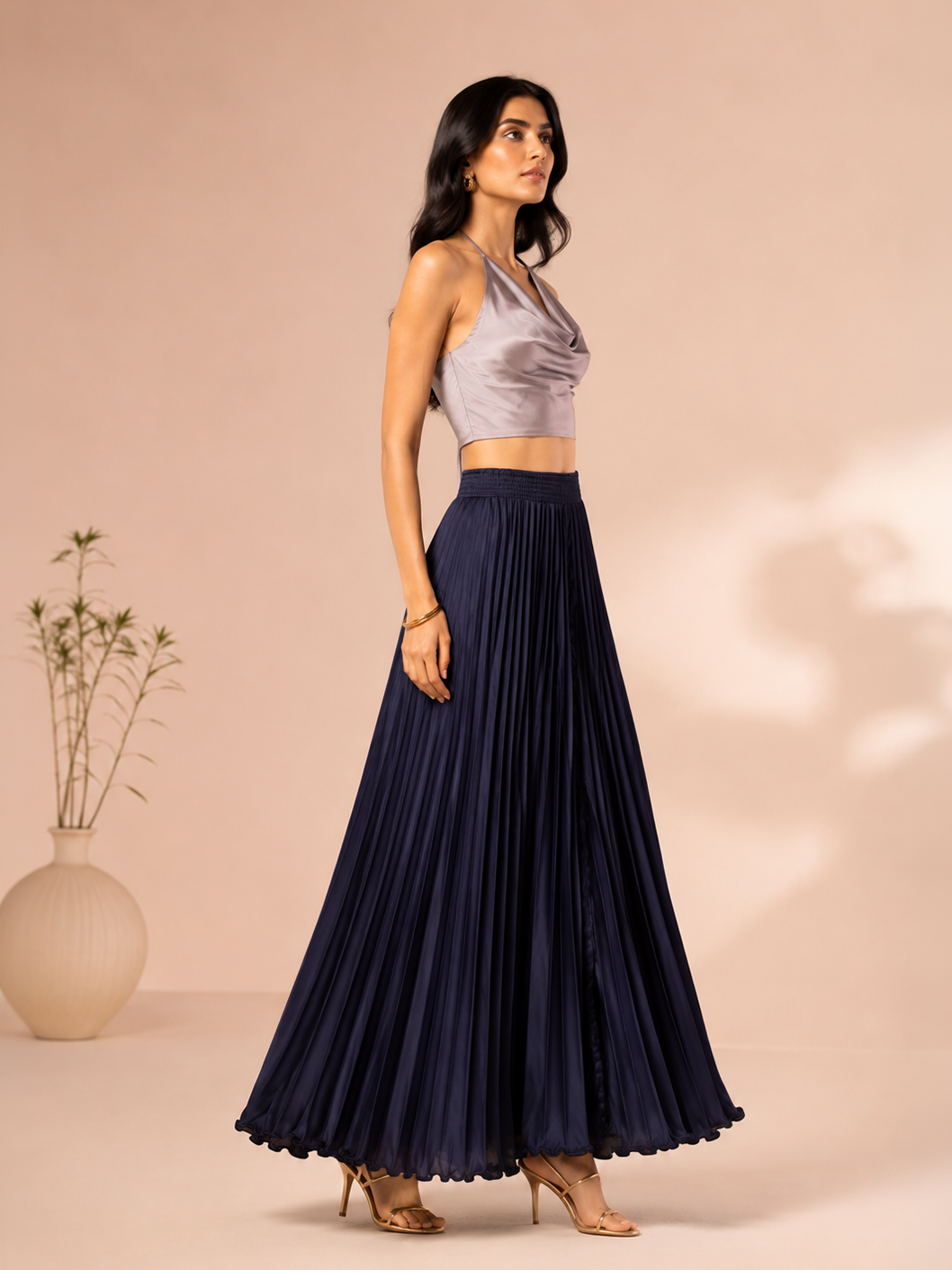 Navy Satin Silk Small Pleated Skirt