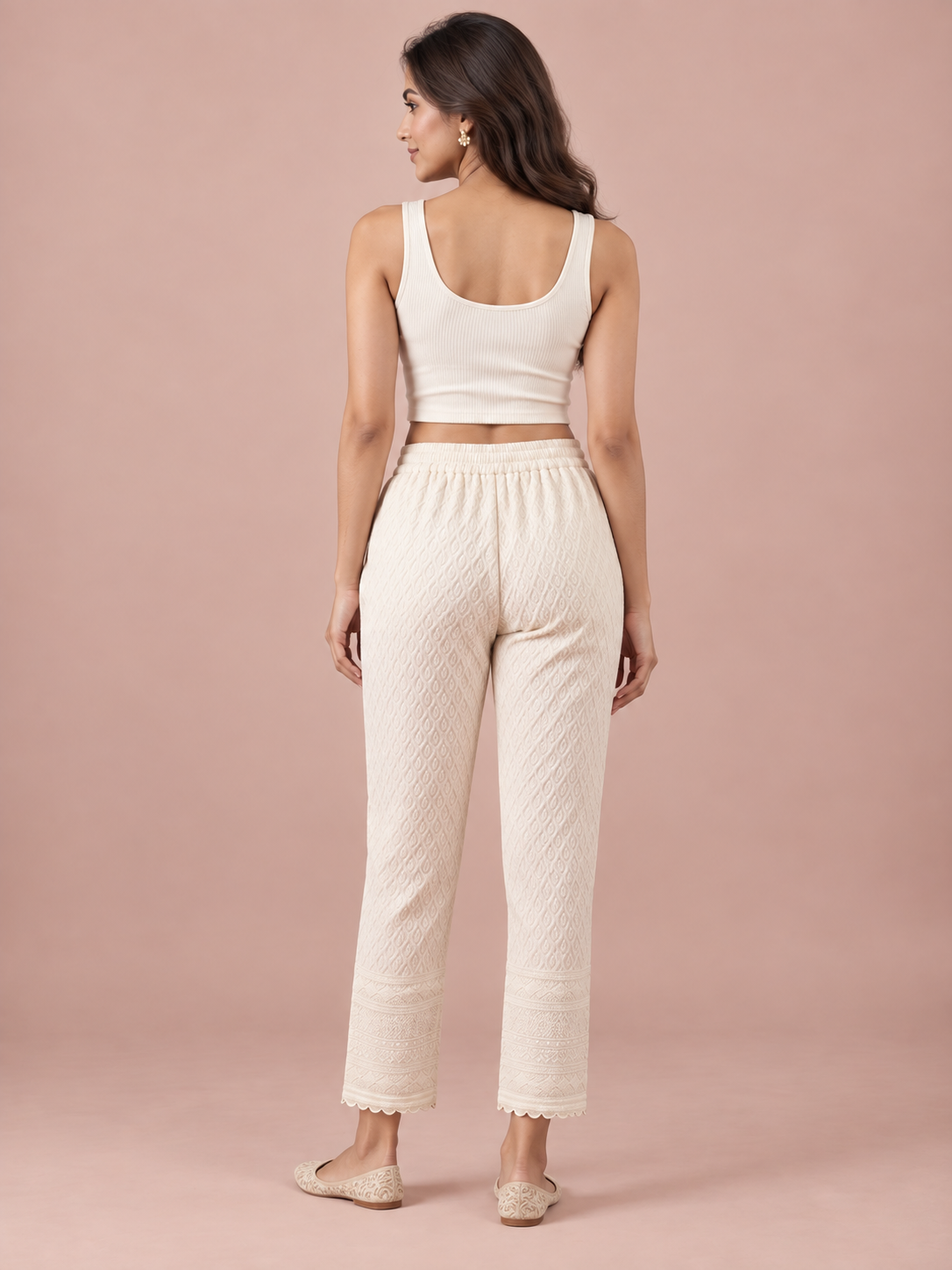 Off White Rayon Chikan Pant