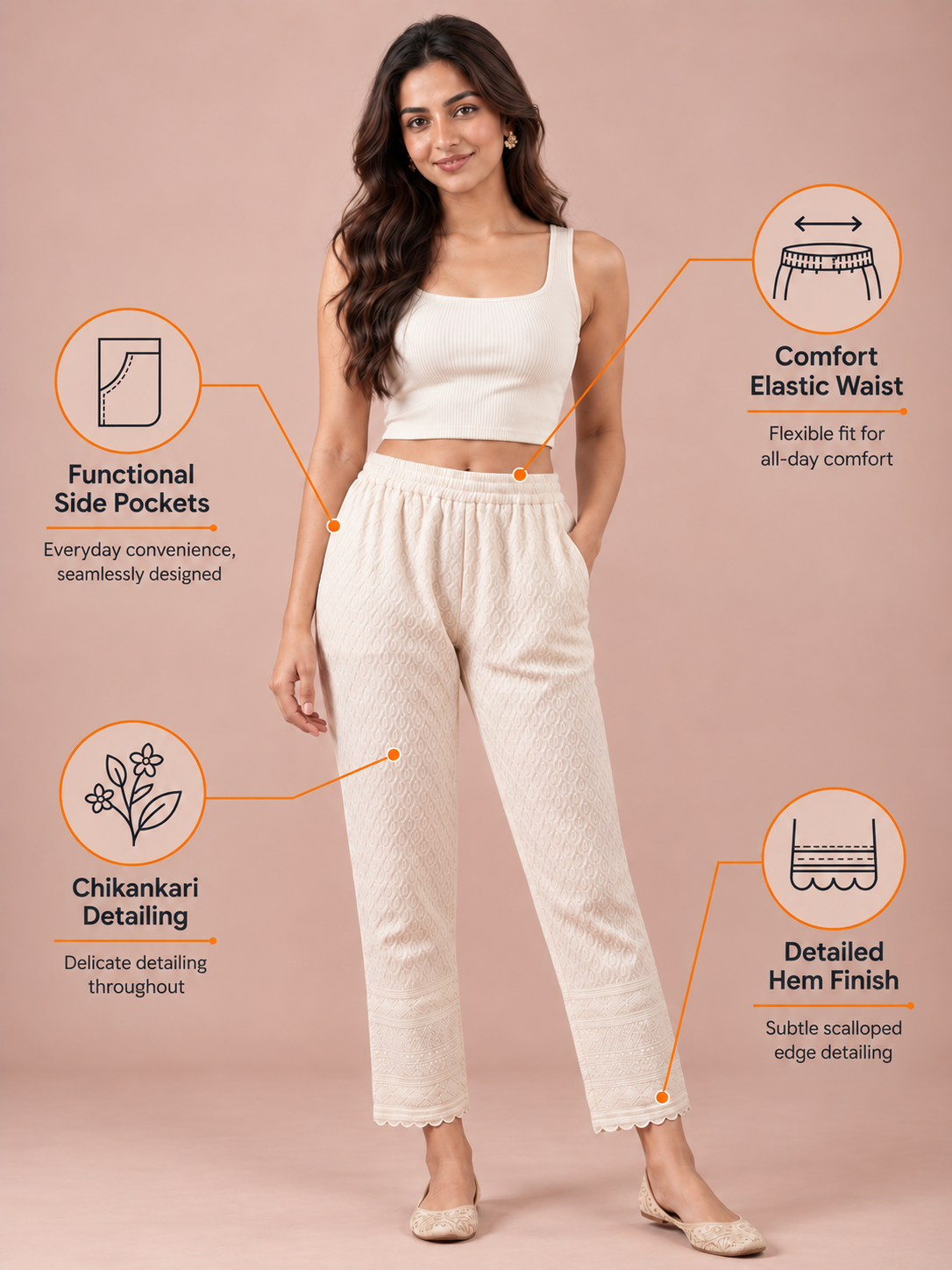 Off White Rayon Chikan Pant