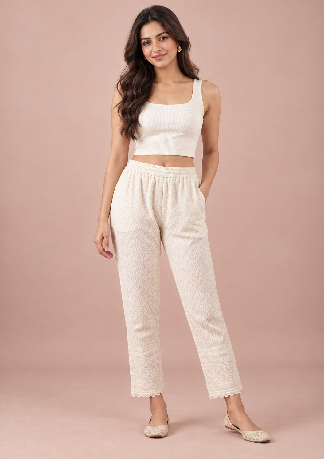 Off White Rayon Chikan Pant