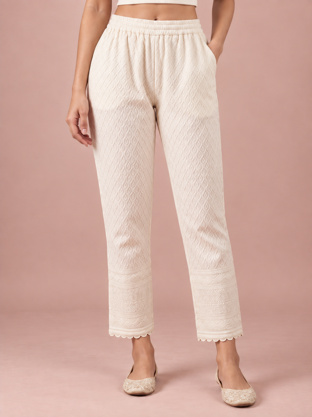 Off White Rayon Chikan Pant