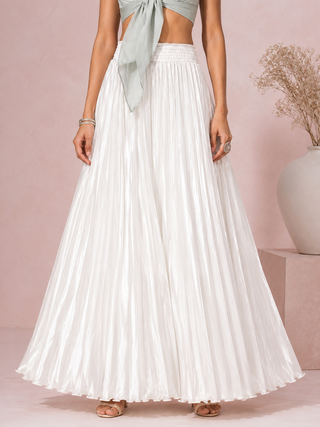 Off White Satin Silk Small Pleated Skirt