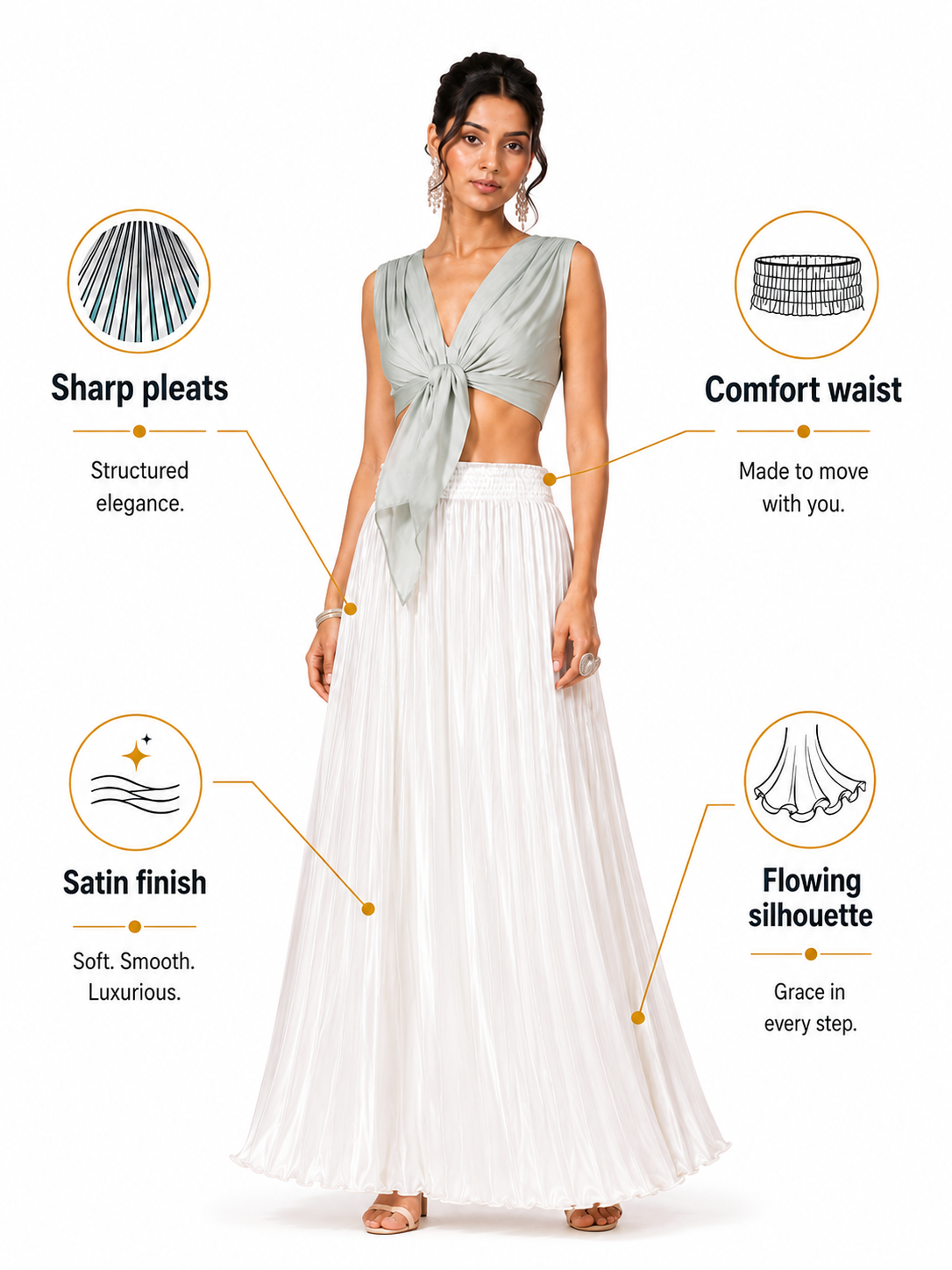 Off White Satin Silk Small Pleated Skirt