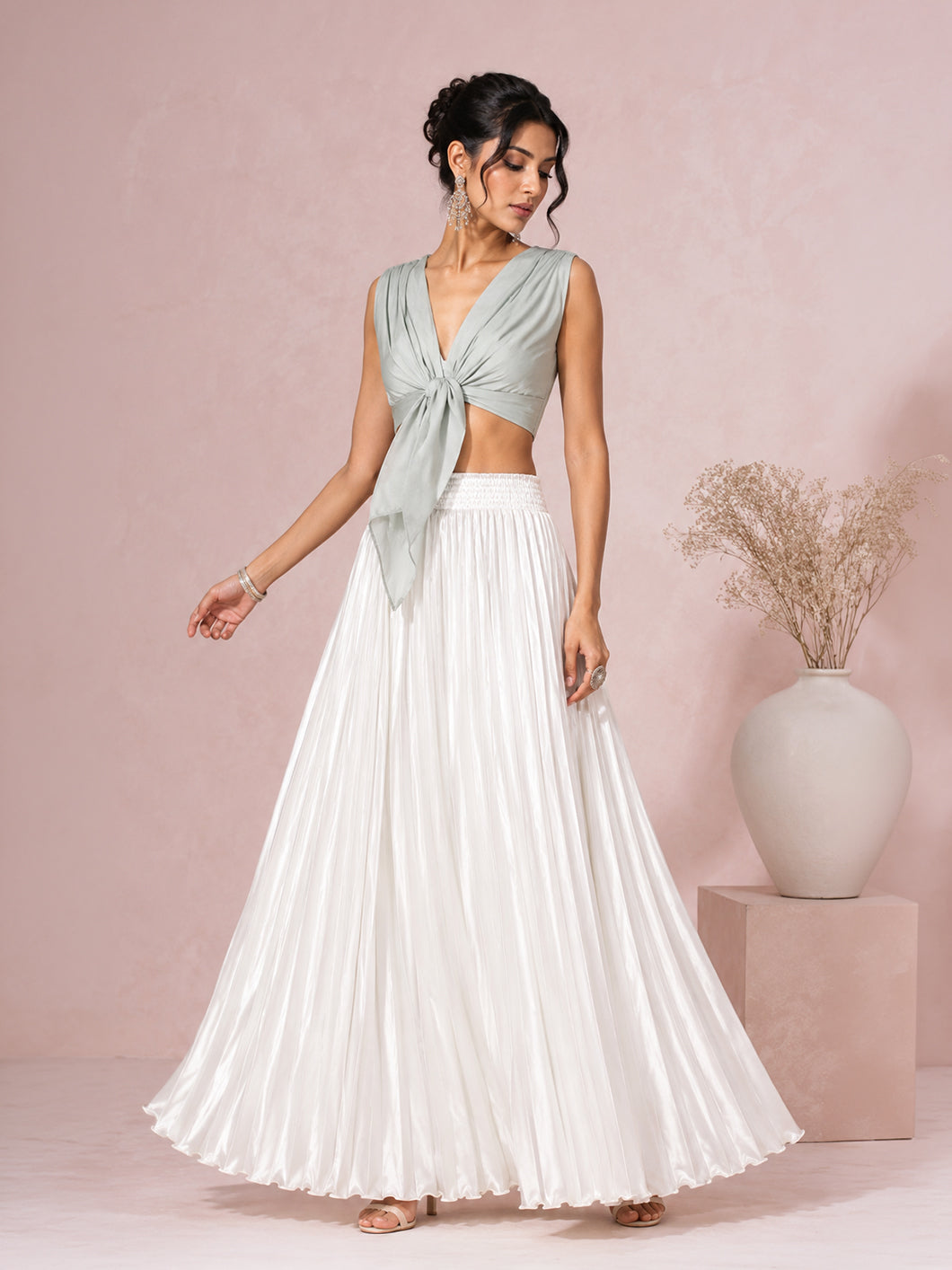 Off White Satin Silk Small Pleated Skirt