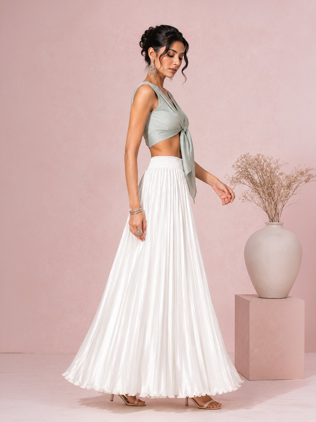 Off White Satin Silk Small Pleated Skirt