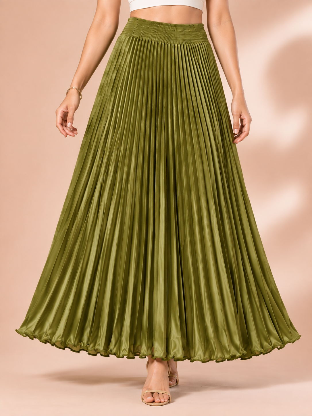 Olive Satin Silk Small Pleated Skirt