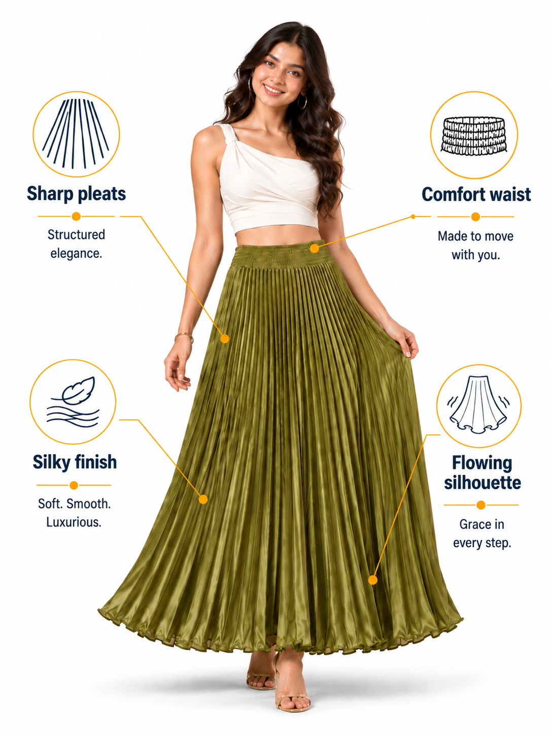 Olive Satin Silk Small Pleated Skirt