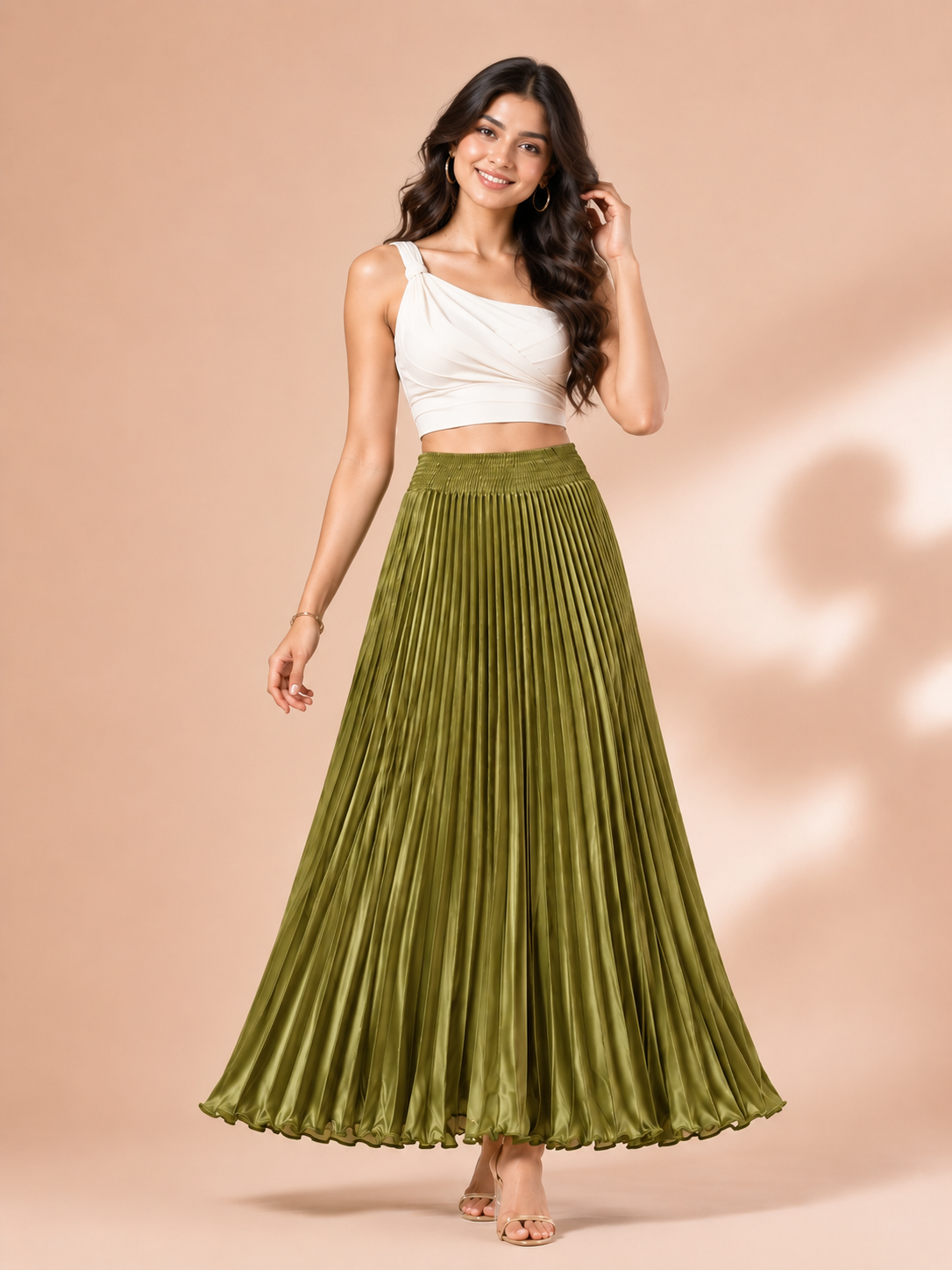 Olive Satin Silk Small Pleated Skirt