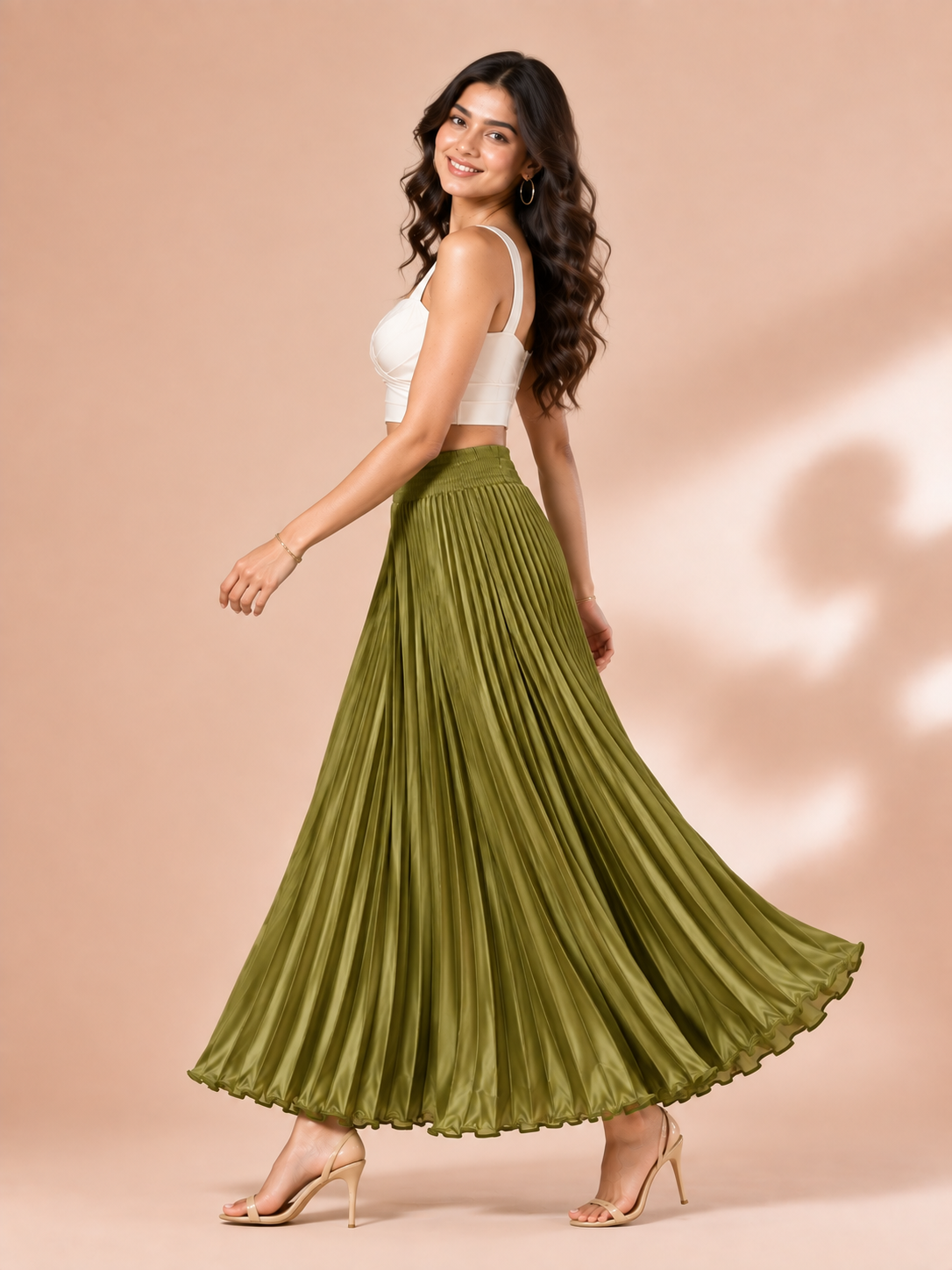 Olive Satin Silk Small Pleated Skirt