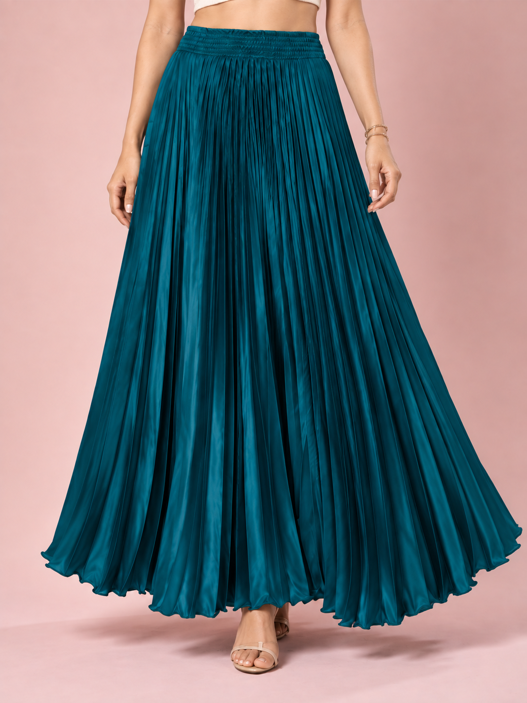 Peacock Blue Satin Silk Small Pleated Skirt