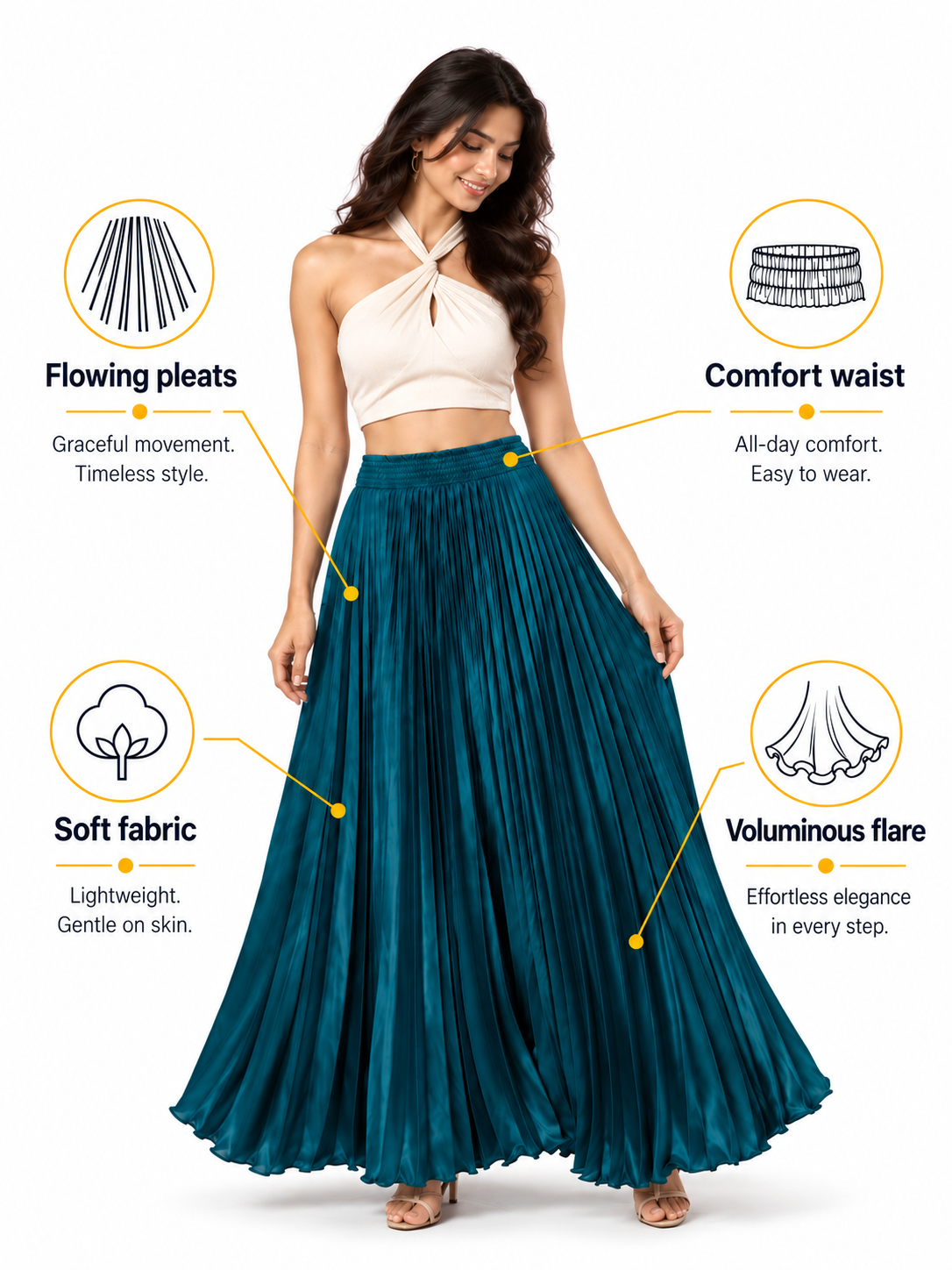 Peacock Blue Satin Silk Small Pleated Skirt