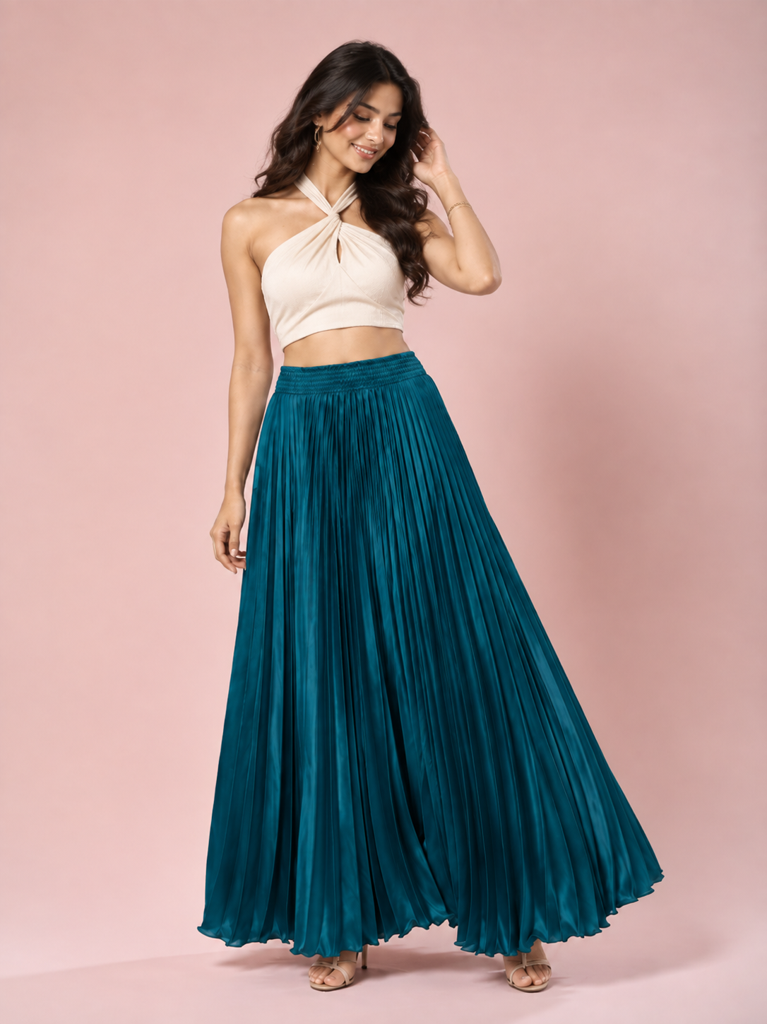Peacock Blue Satin Silk Small Pleated Skirt