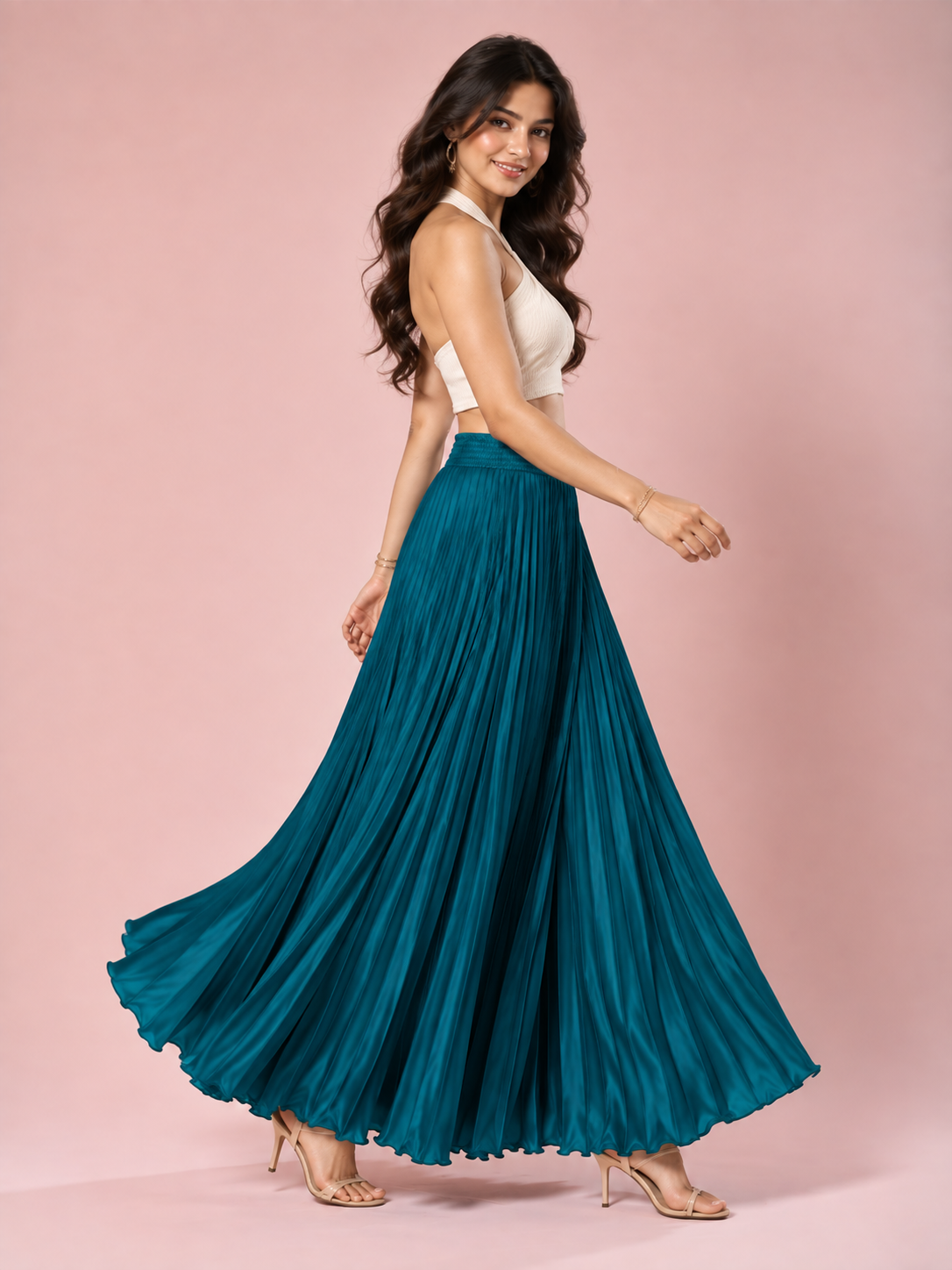 Peacock Blue Satin Silk Small Pleated Skirt