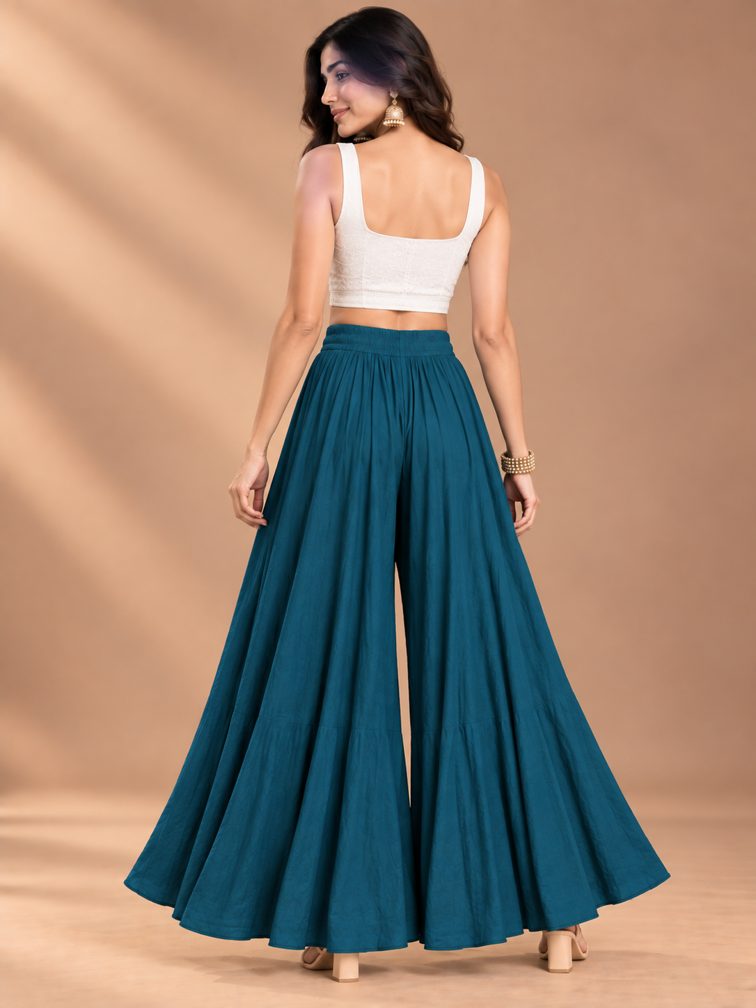 Peacock Blue Rayon Wide Leg Flared Palazzo