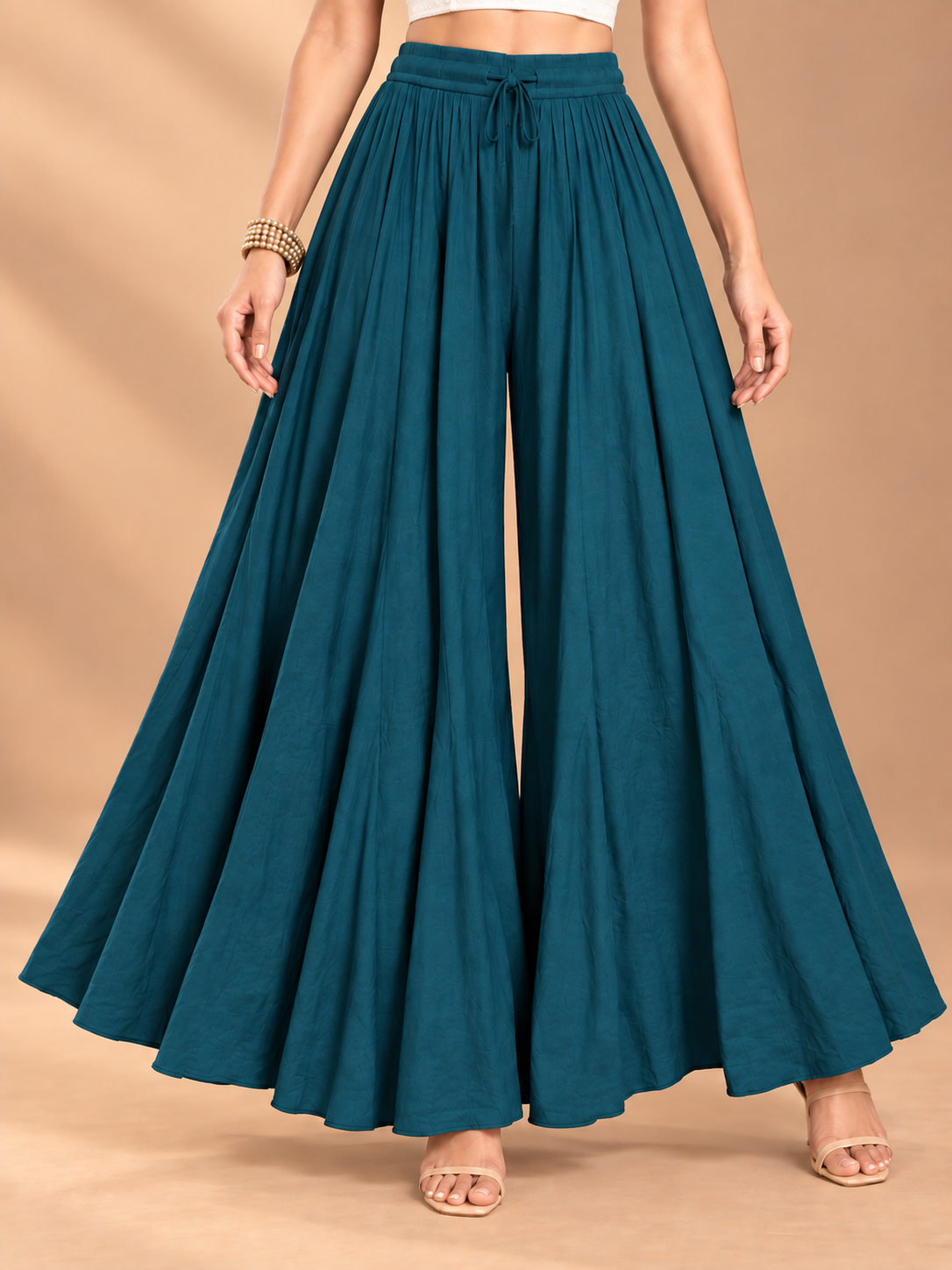 Peacock Blue Rayon Wide Leg Flared Palazzo