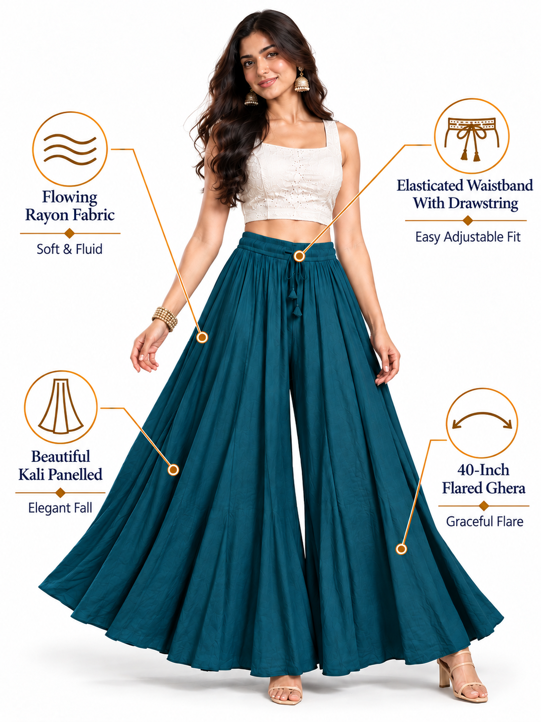 Peacock Blue Rayon Wide Leg Flared Palazzo