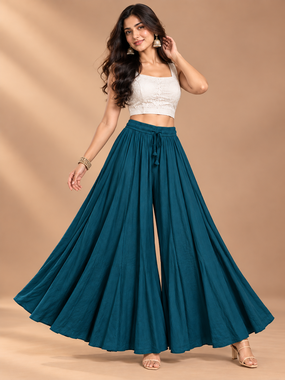 Peacock Blue Rayon Wide Leg Flared Palazzo