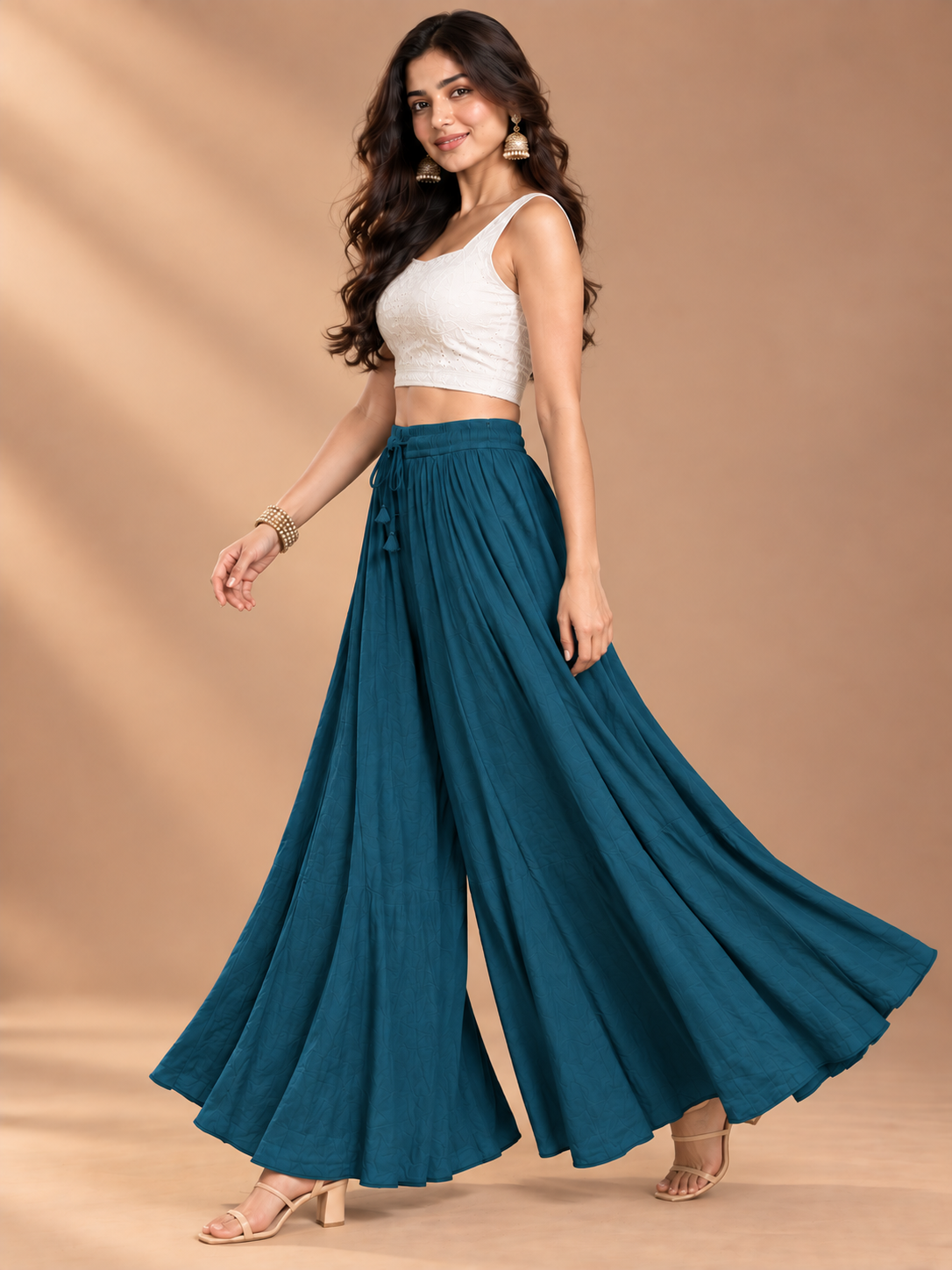 Peacock Blue Rayon Wide Leg Flared Palazzo