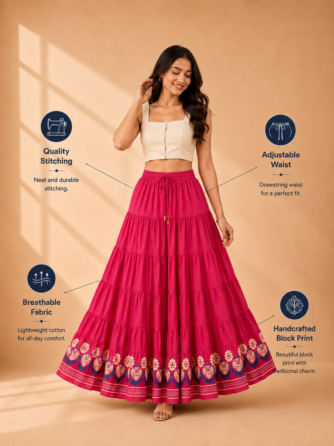Pink Block Print 20Mtr Cotton Skirt