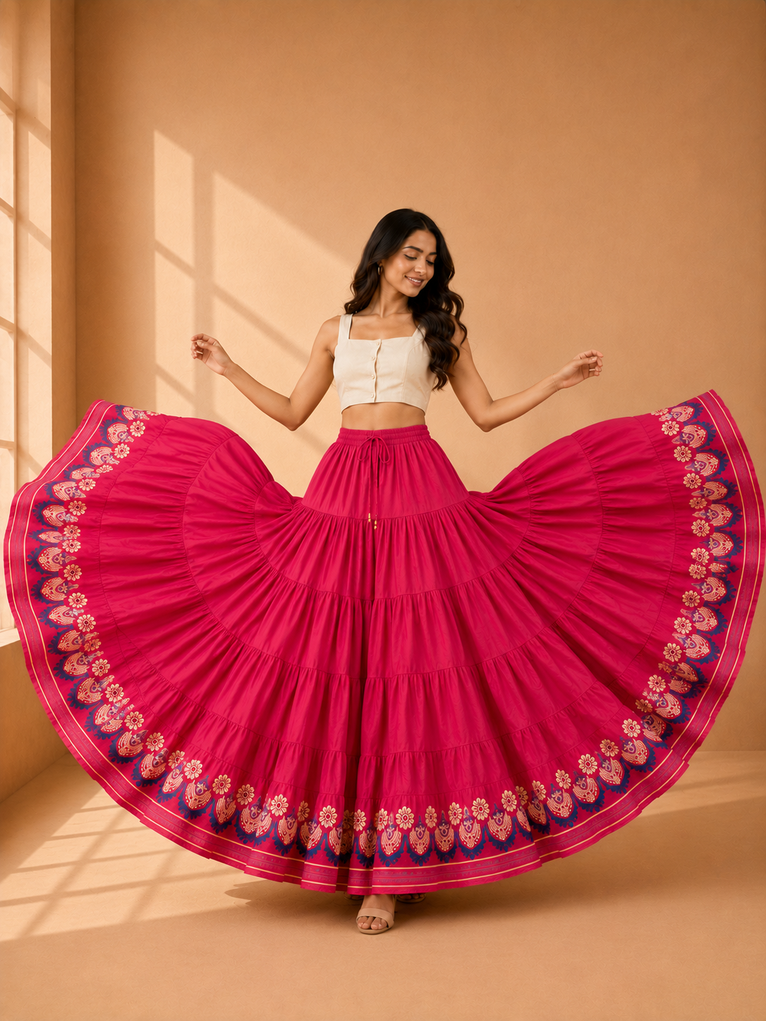 Pink Block Print 20Mtr Cotton Skirt