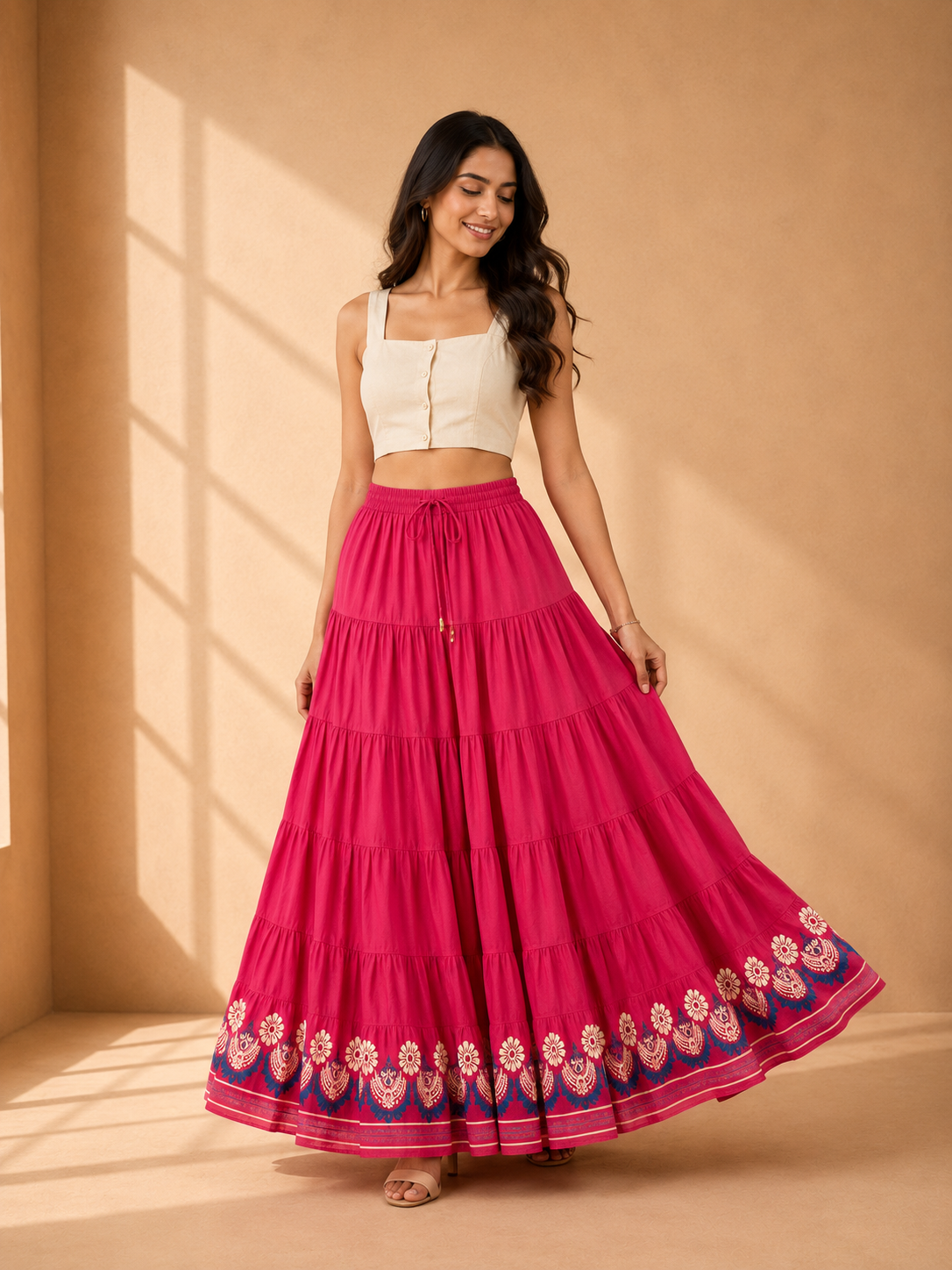 Pink Block Print 20Mtr Cotton Skirt