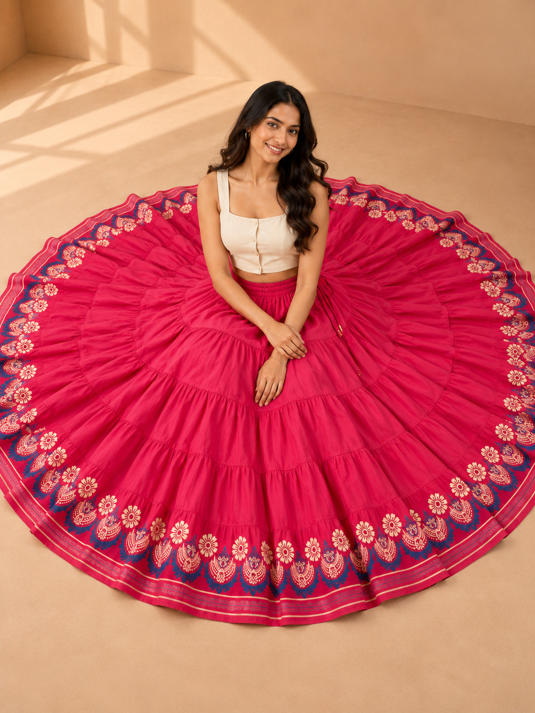 Pink Block Print 20Mtr Cotton Skirt