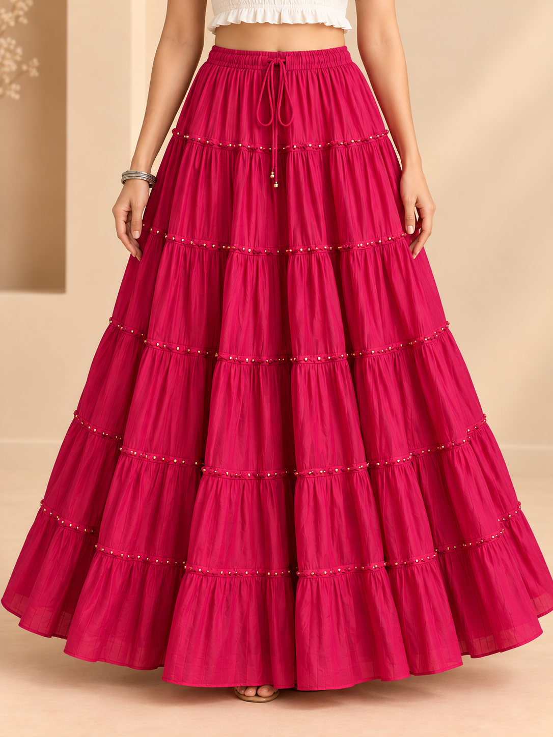 Pink Cotton Skirt with Gold Beads