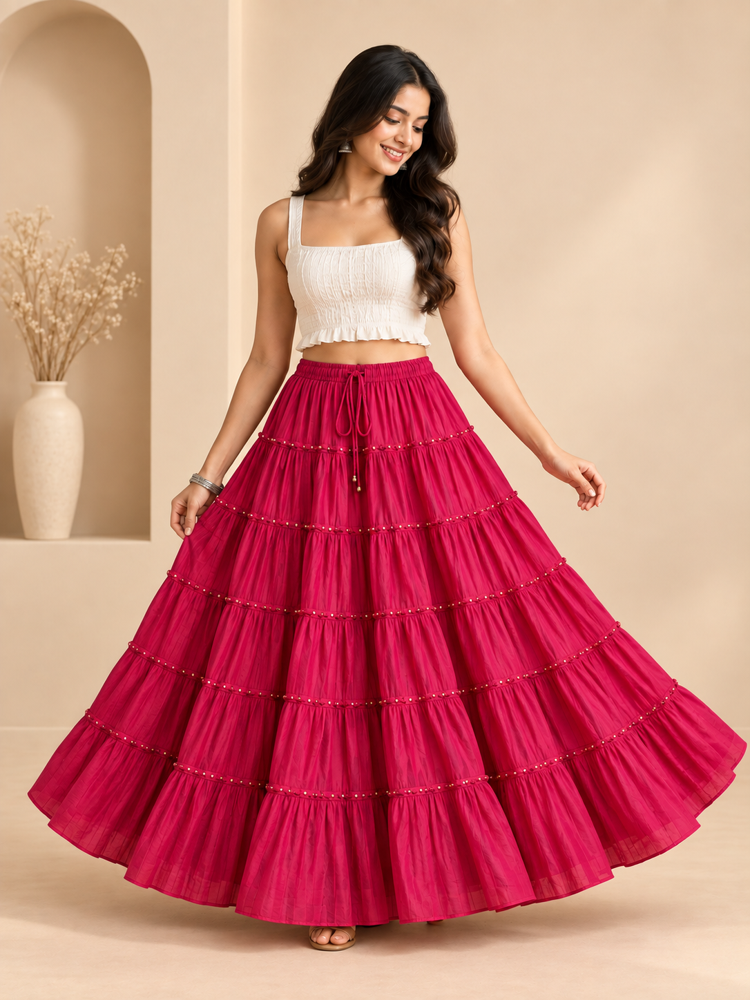 Pink Cotton Skirt with Gold Beads