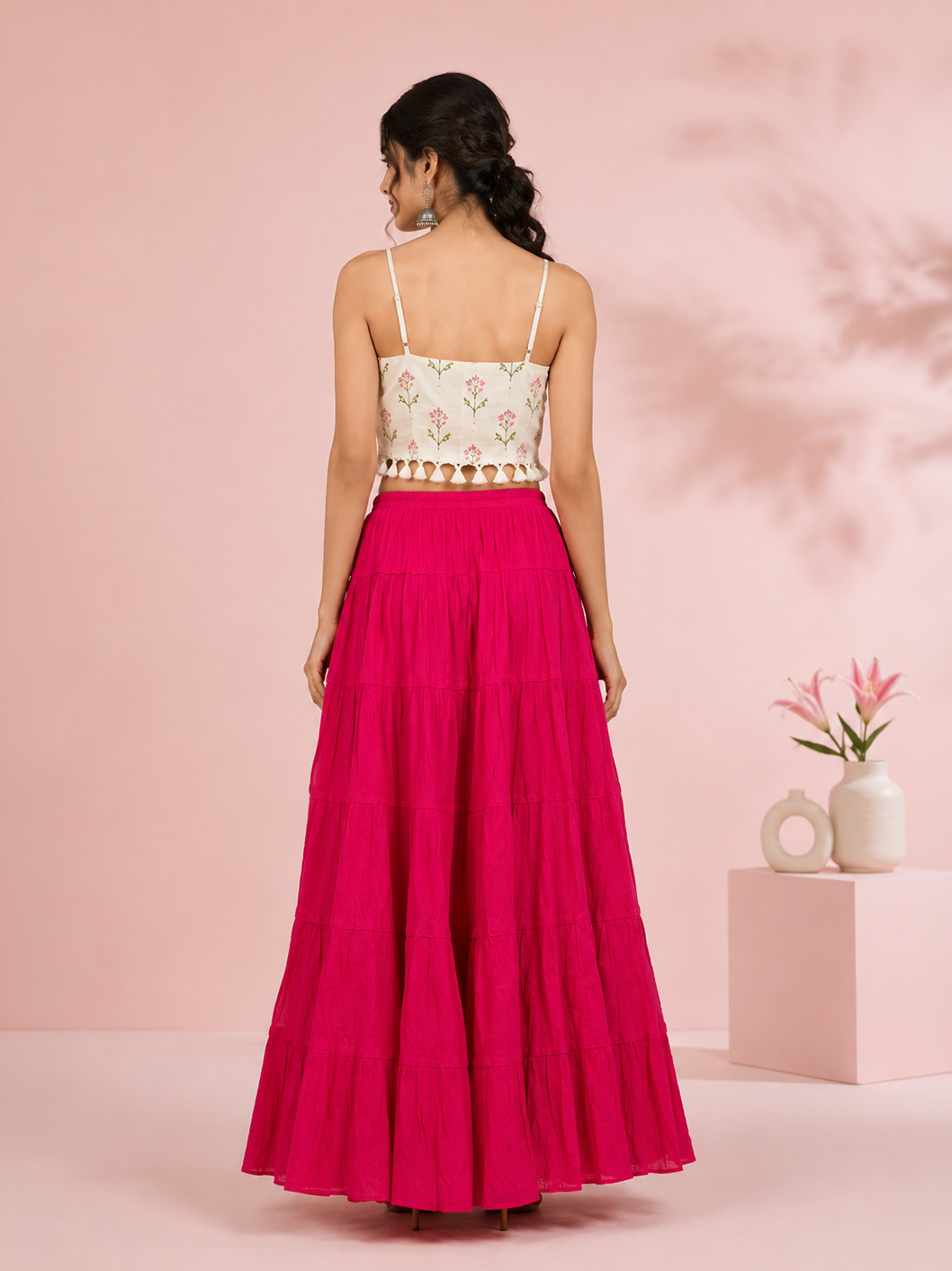 Pink Cotton Solid Silver Sequin 10mtr Skirt