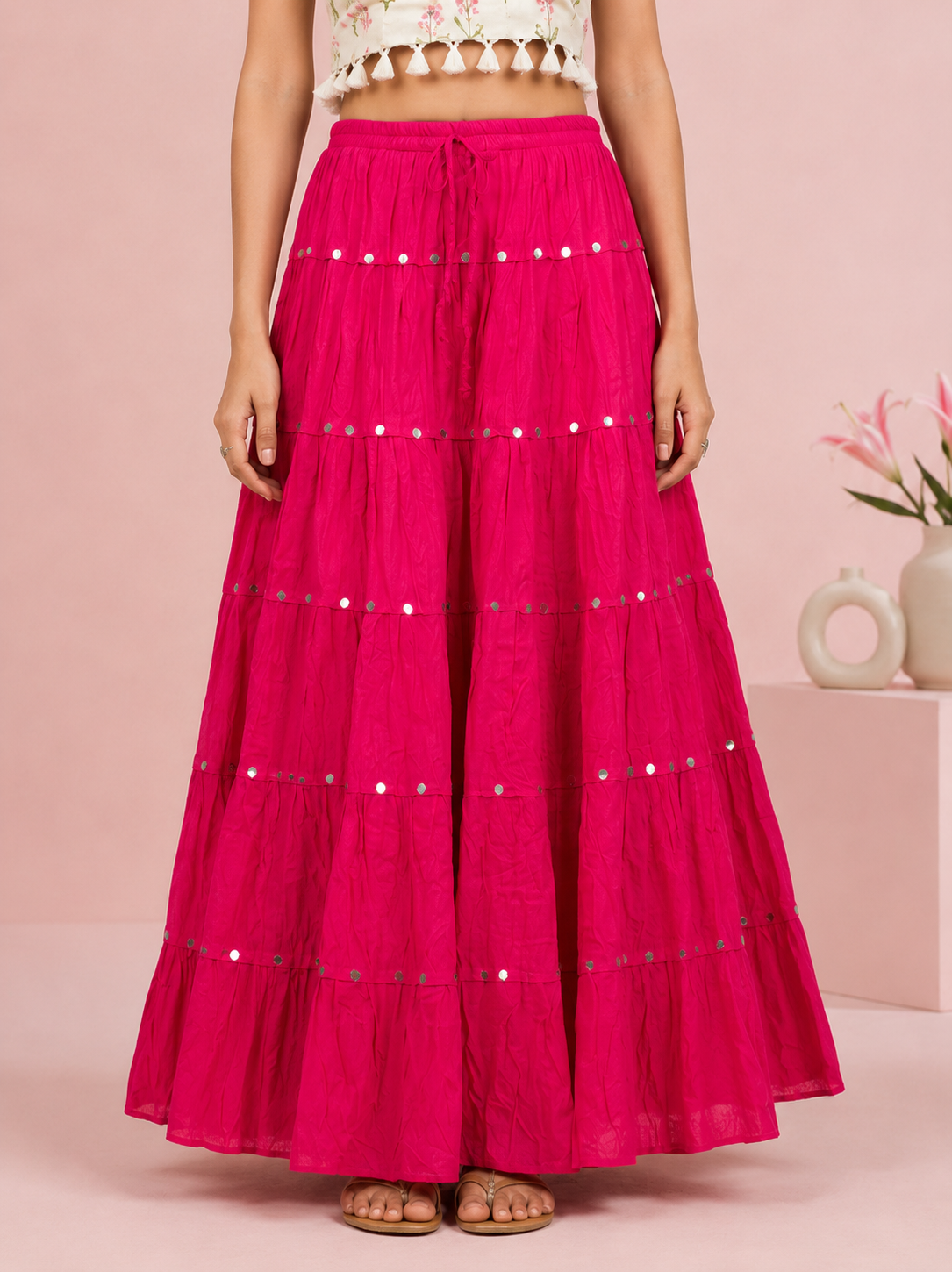 Pink Cotton Solid Silver Sequin 10mtr Skirt