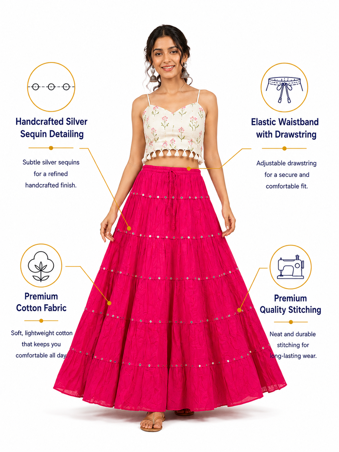 Pink Cotton Solid Silver Sequin 10mtr Skirt