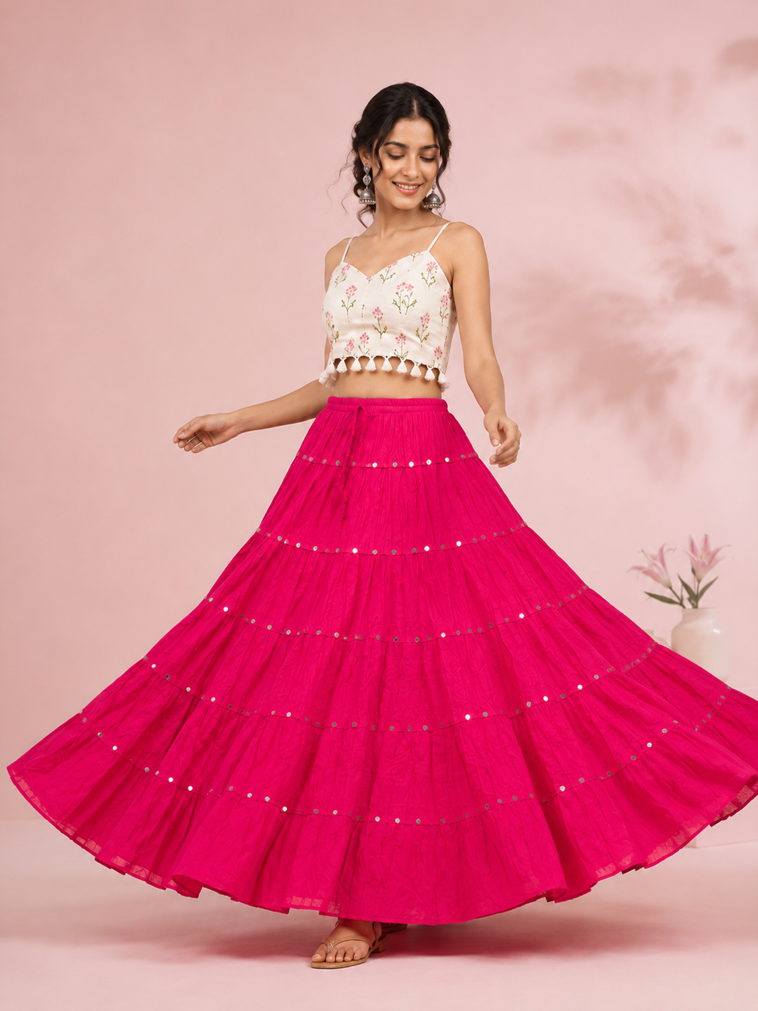 Pink Cotton Solid Silver Sequin 10mtr Skirt