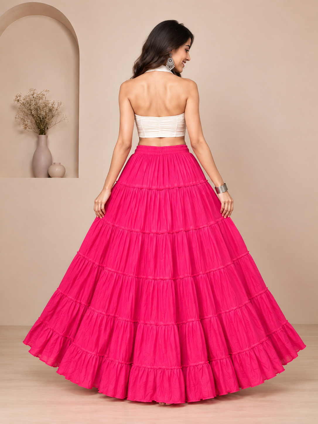 Pink Cotton Solid Flared Skirt