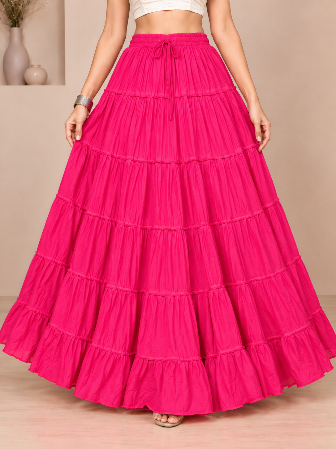 Pink Cotton Solid Flared Skirt
