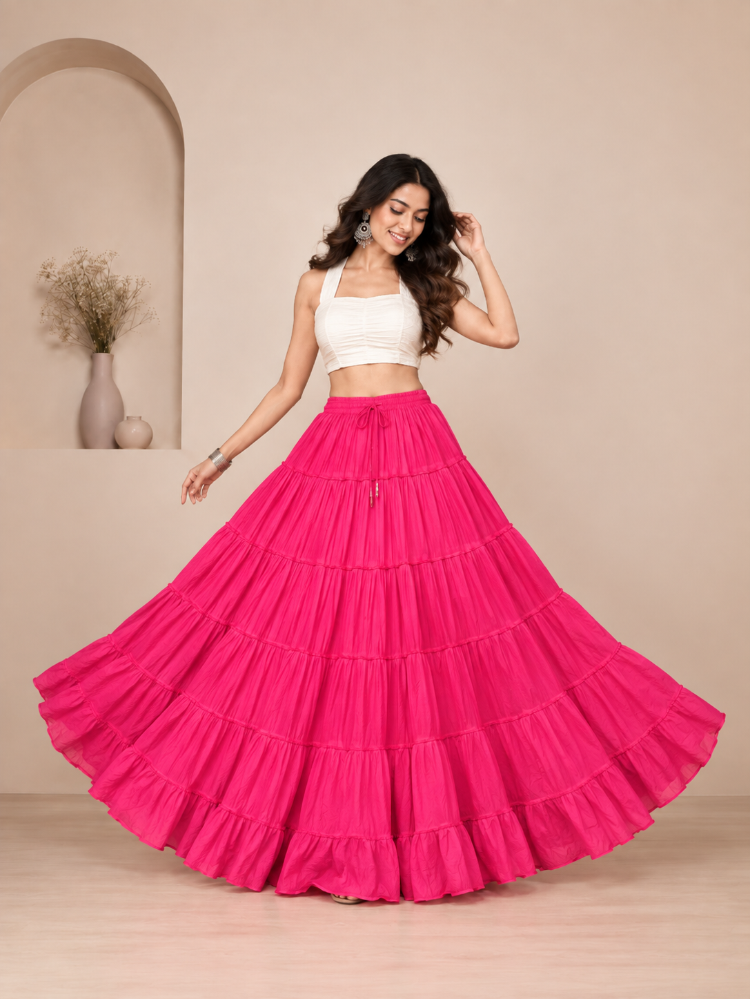 Pink Cotton Solid Flared Skirt